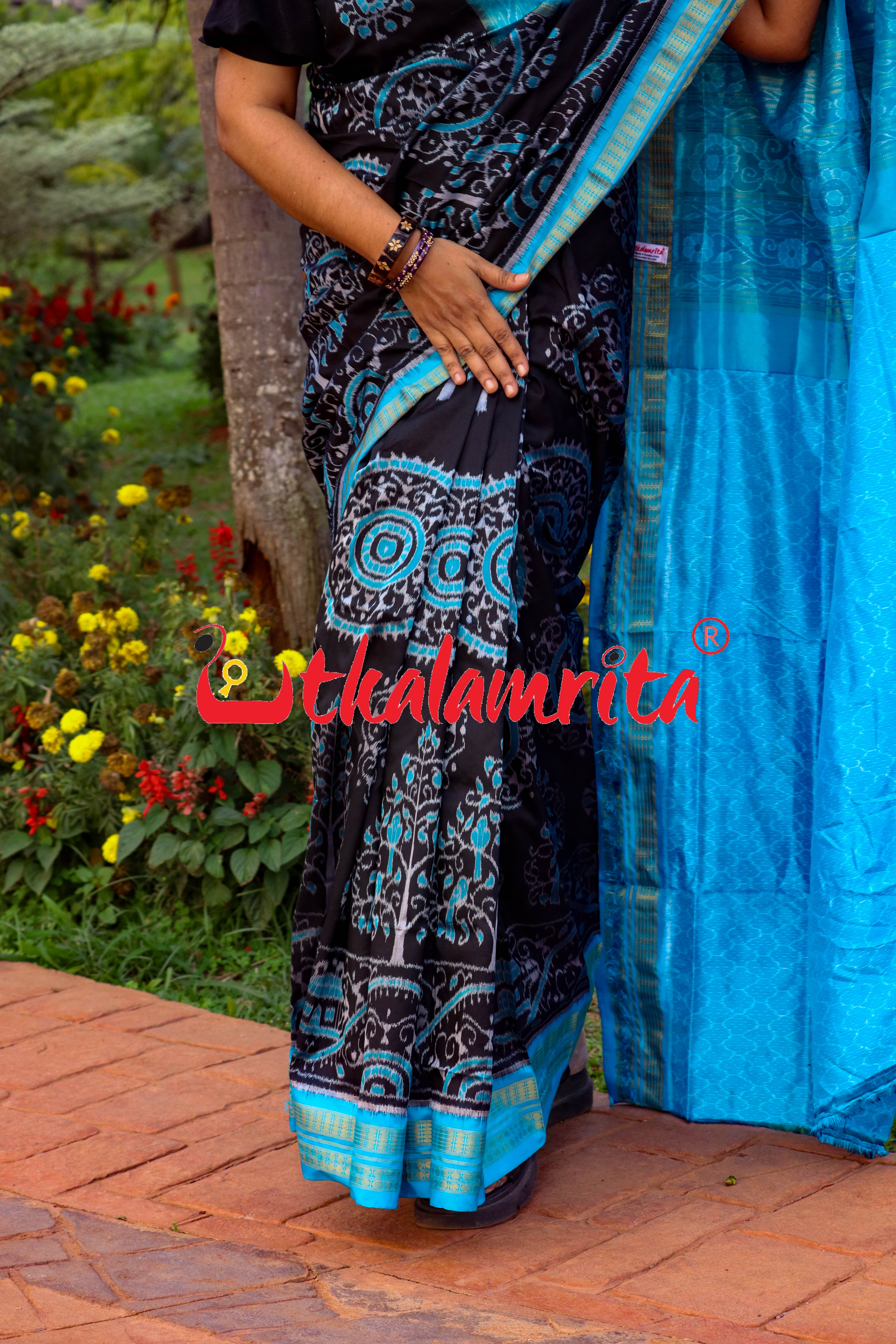 Black Blue Round Tribal Half Tissue Sambalpuri Silk Saree