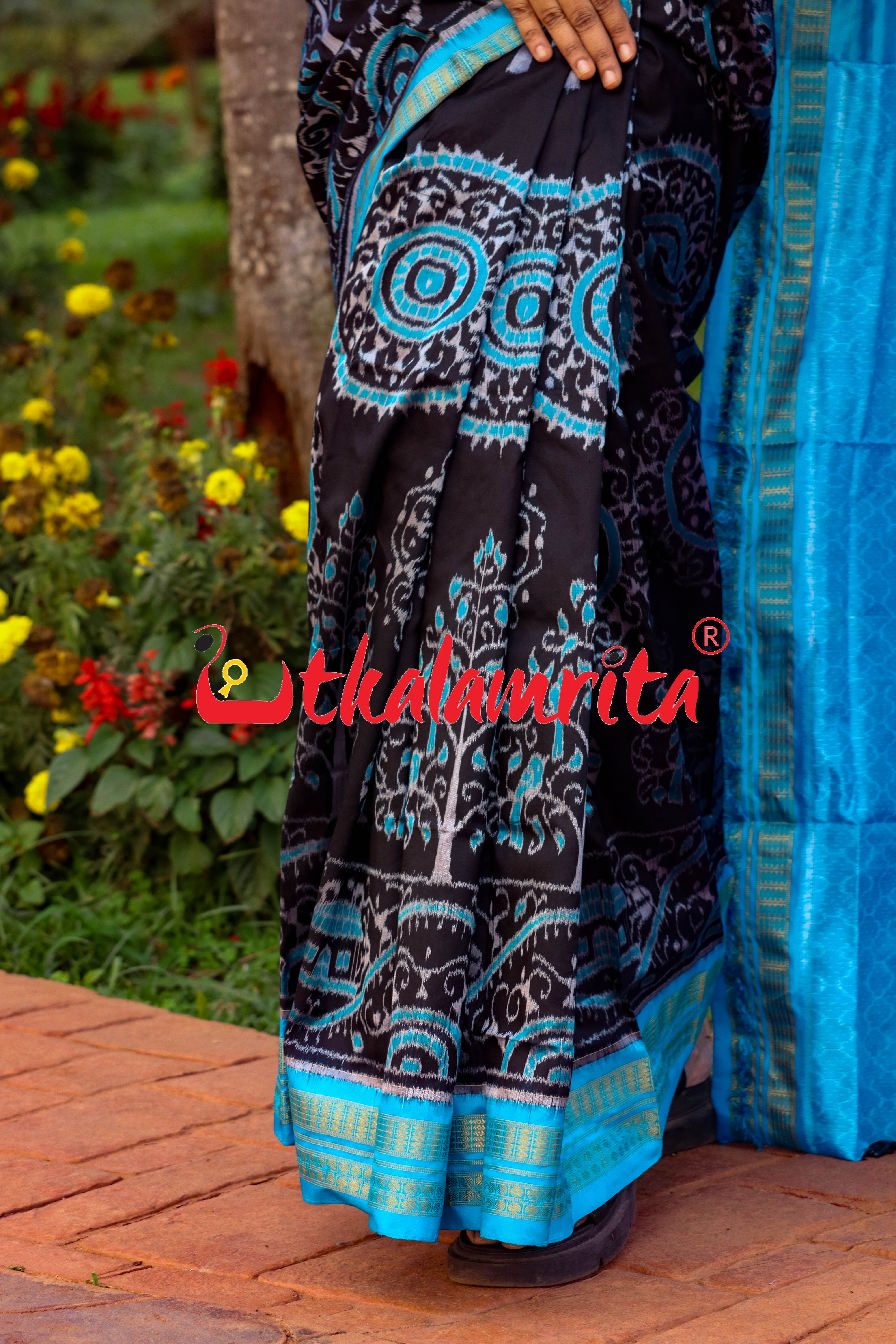 Black Blue Round Tribal Half Tissue Sambalpuri Silk Saree