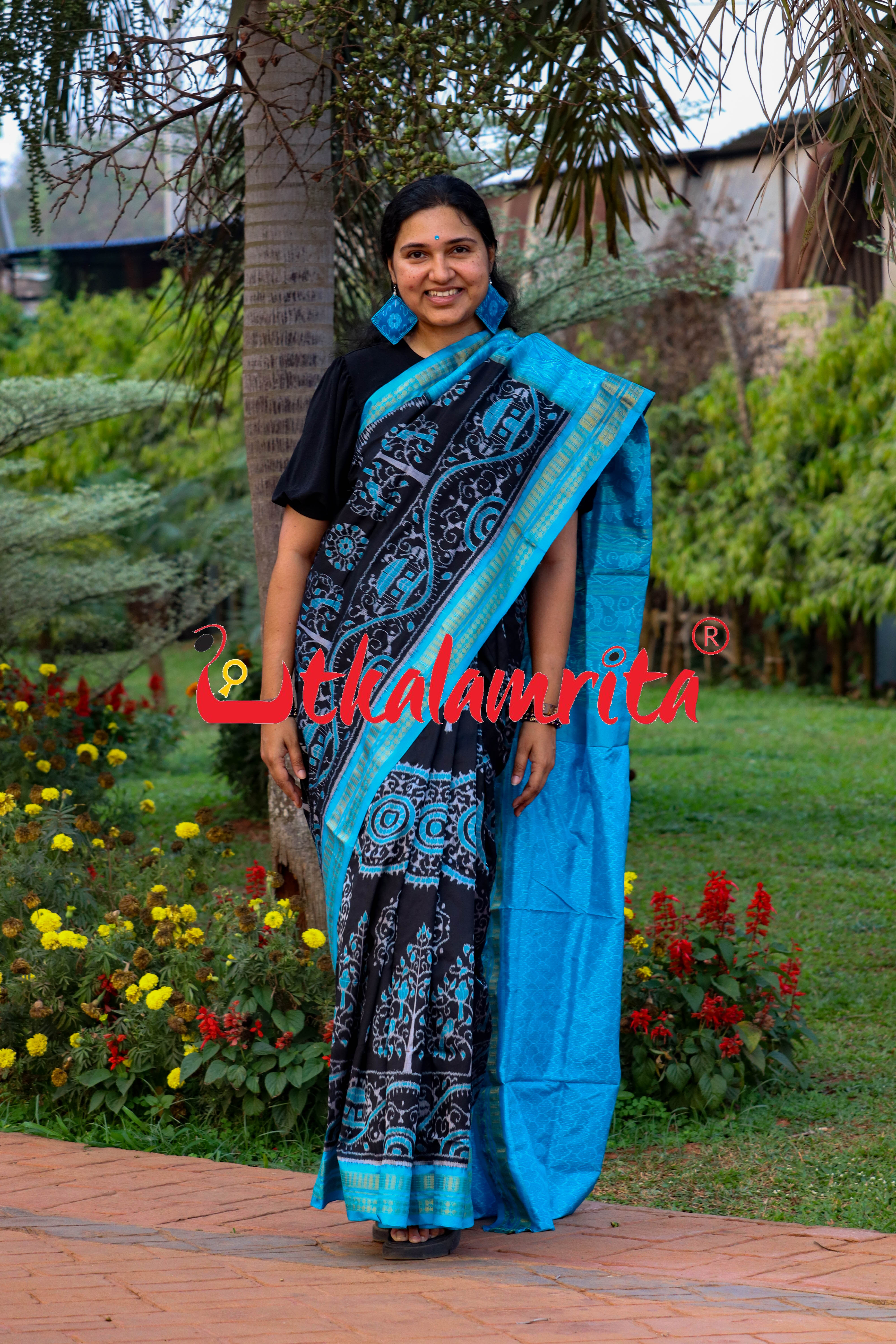 Black Blue Round Tribal Half Tissue Sambalpuri Silk Saree
