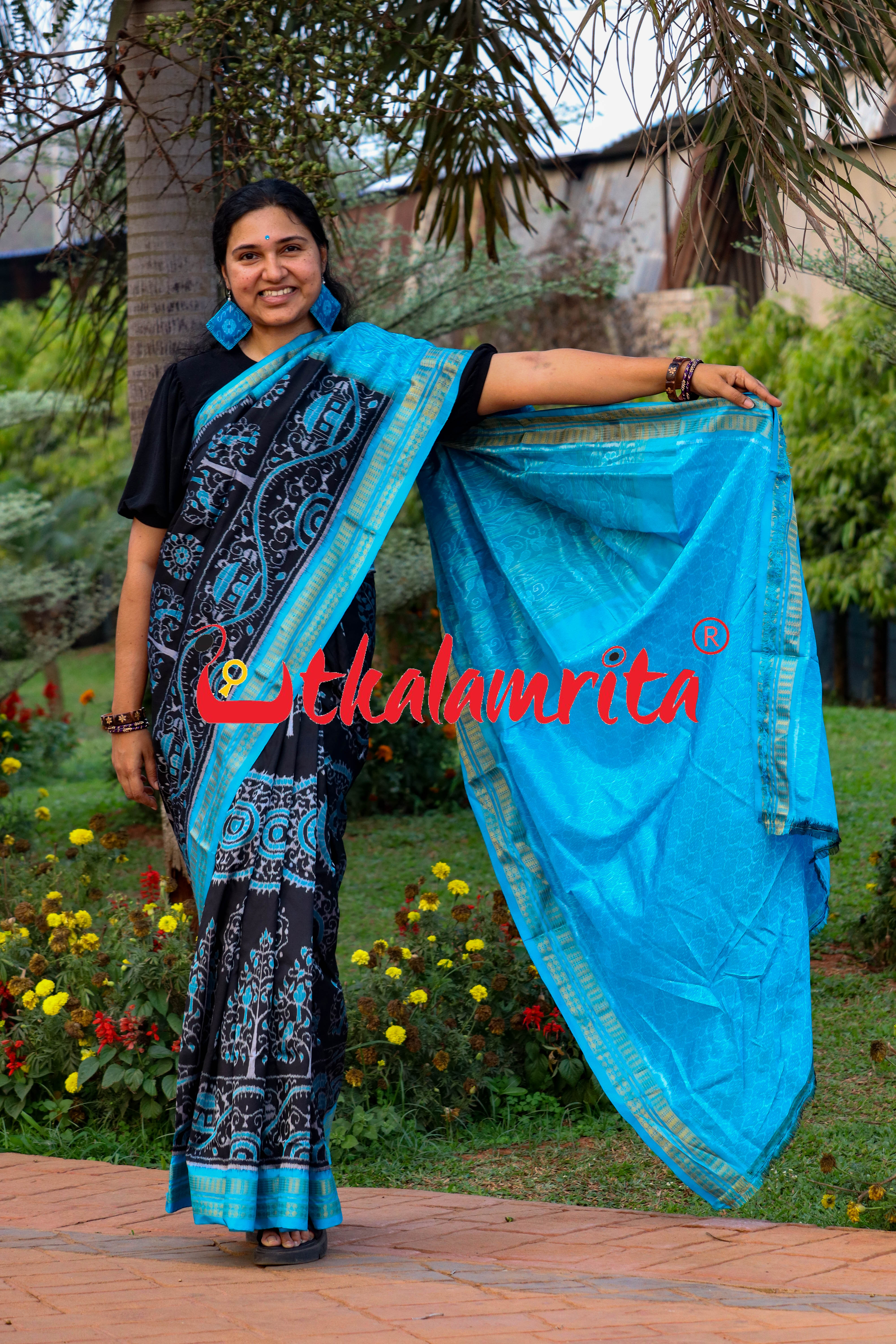 Black Blue Round Tribal Half Tissue Sambalpuri Silk Saree