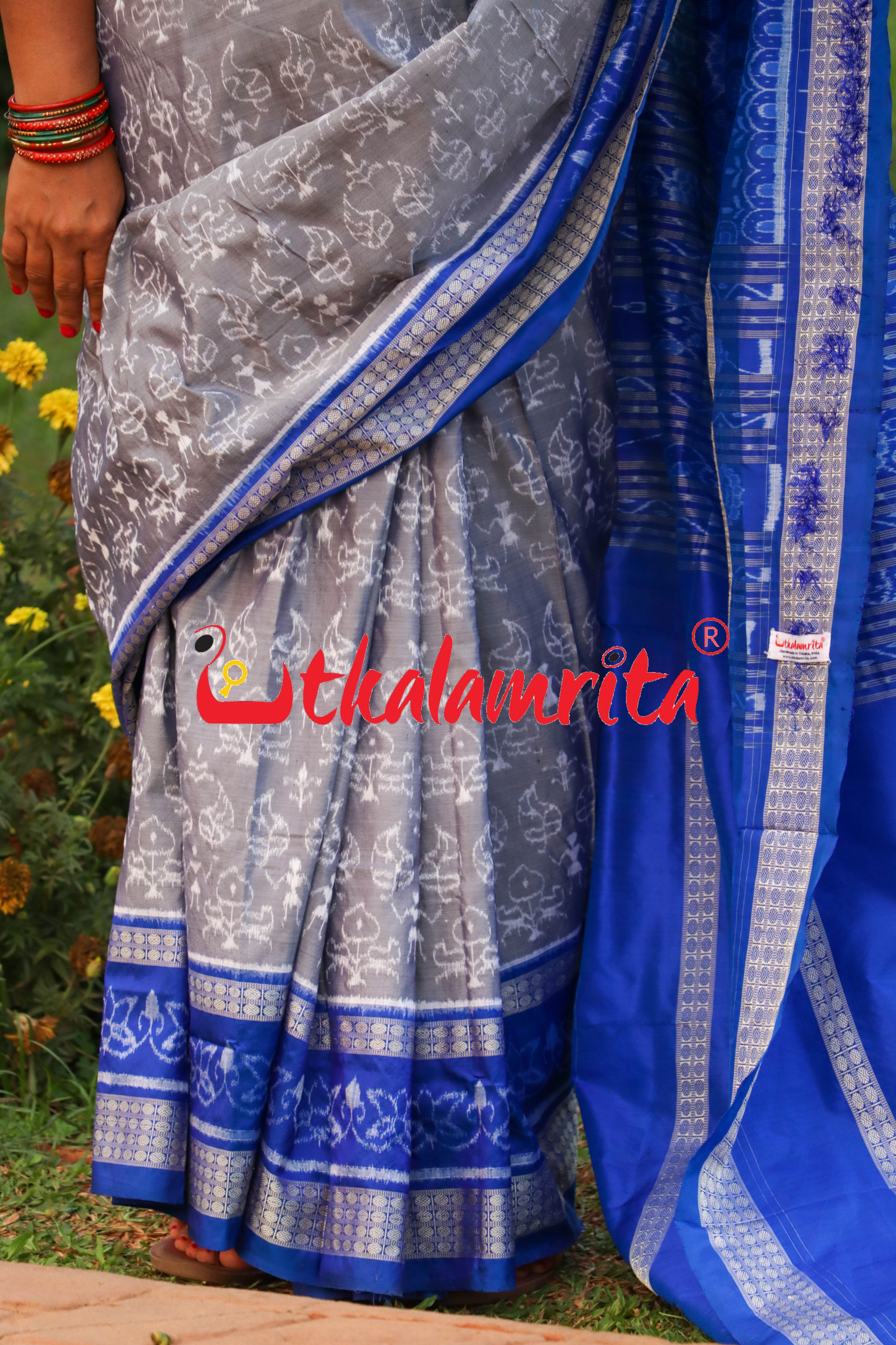 Grey Blue Leaf Lotus Sambalpuri Silk Saree