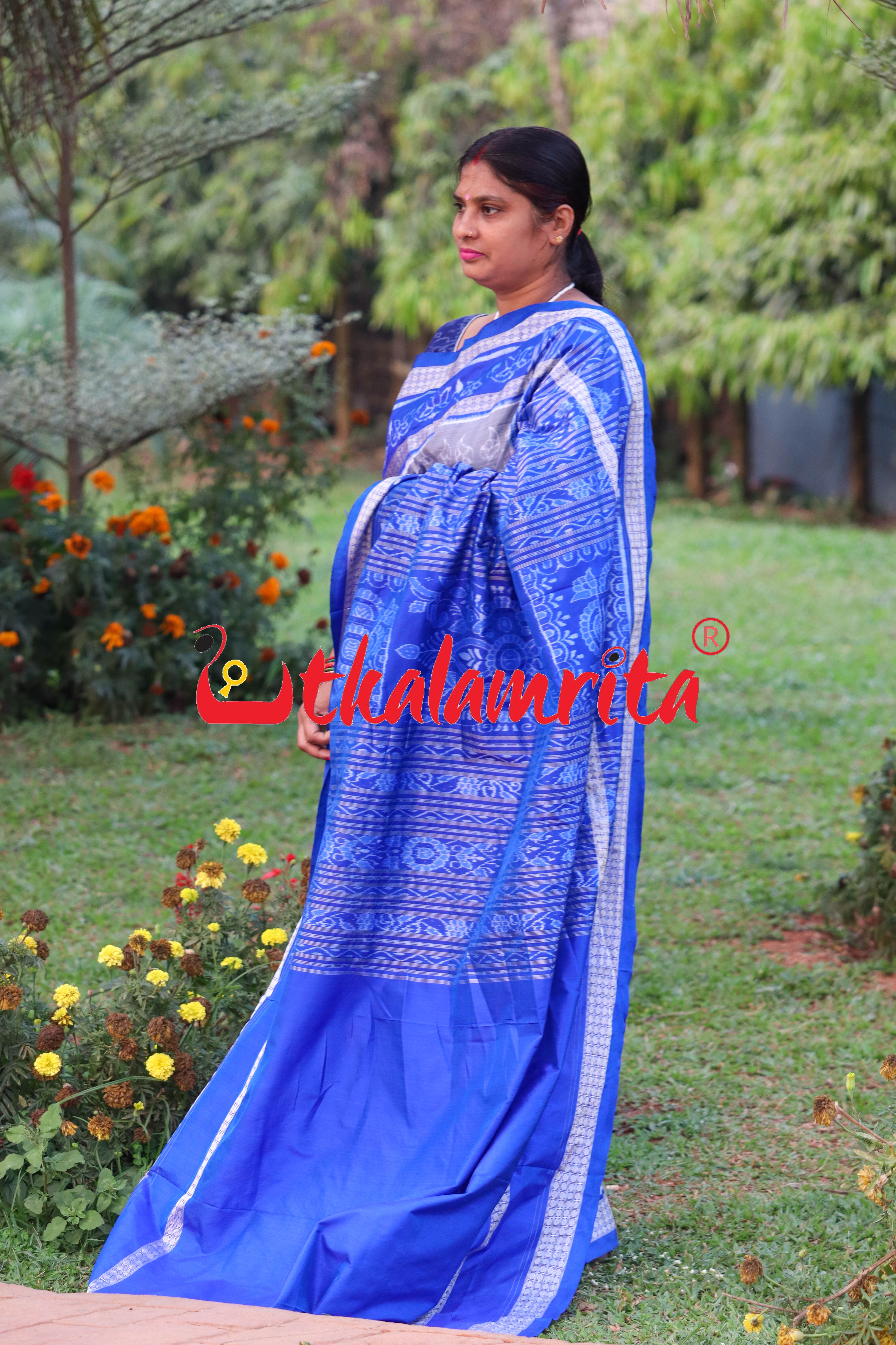 Grey Blue Leaf Lotus Sambalpuri Silk Saree
