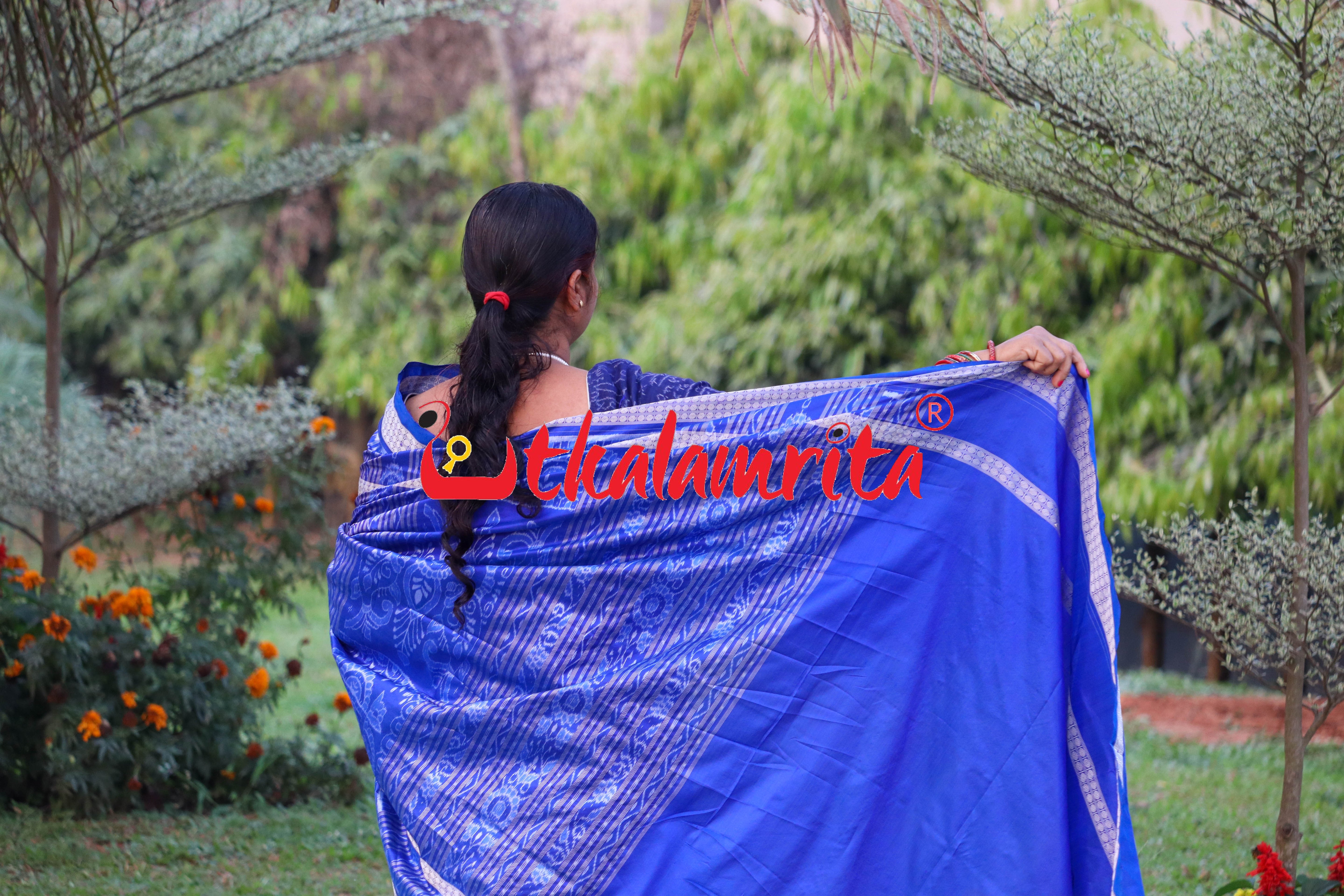 Grey Blue Leaf Lotus Sambalpuri Silk Saree