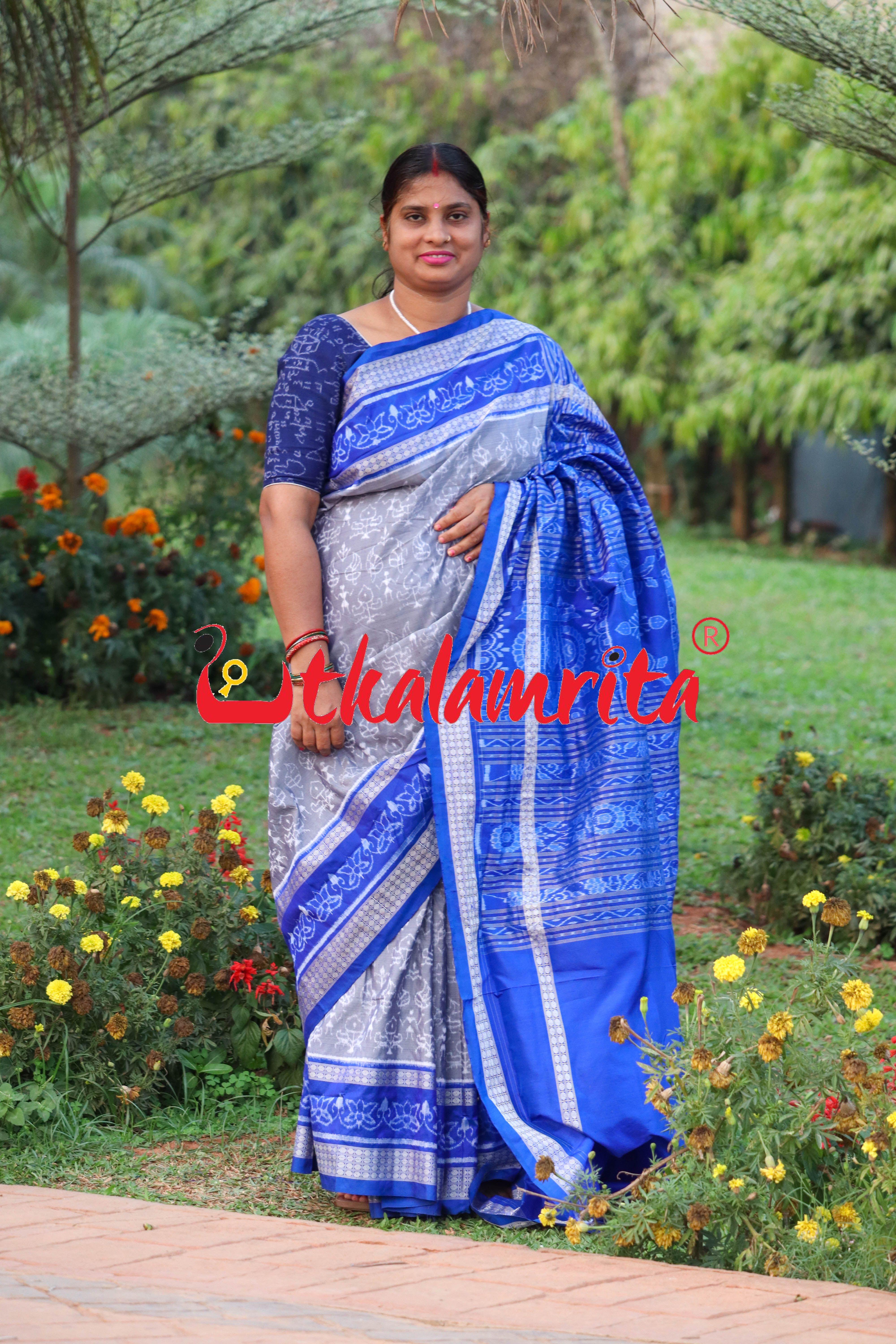 Grey Blue Leaf Lotus Sambalpuri Silk Saree