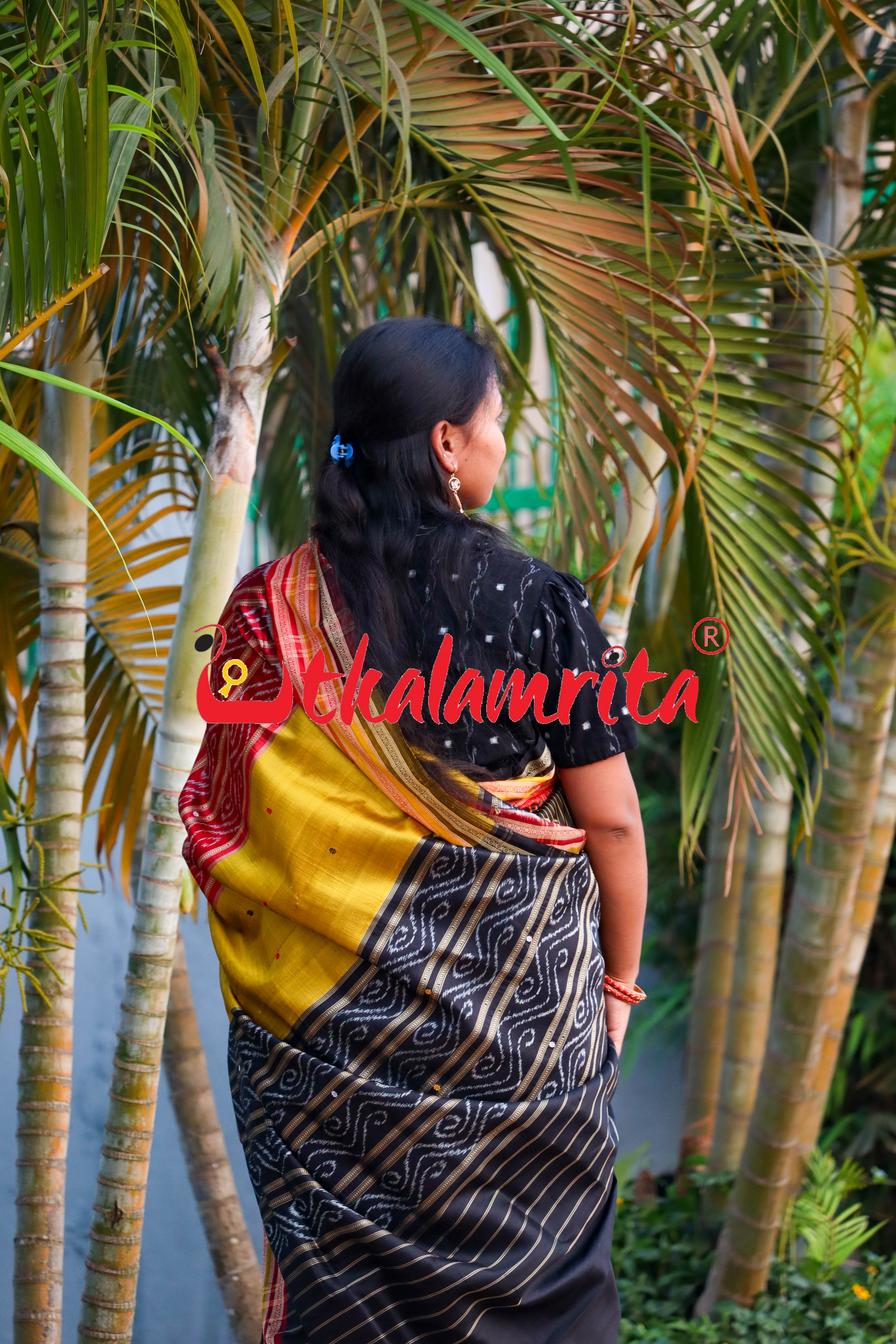 Black Body Yellow Lines Kathifera Silk saree