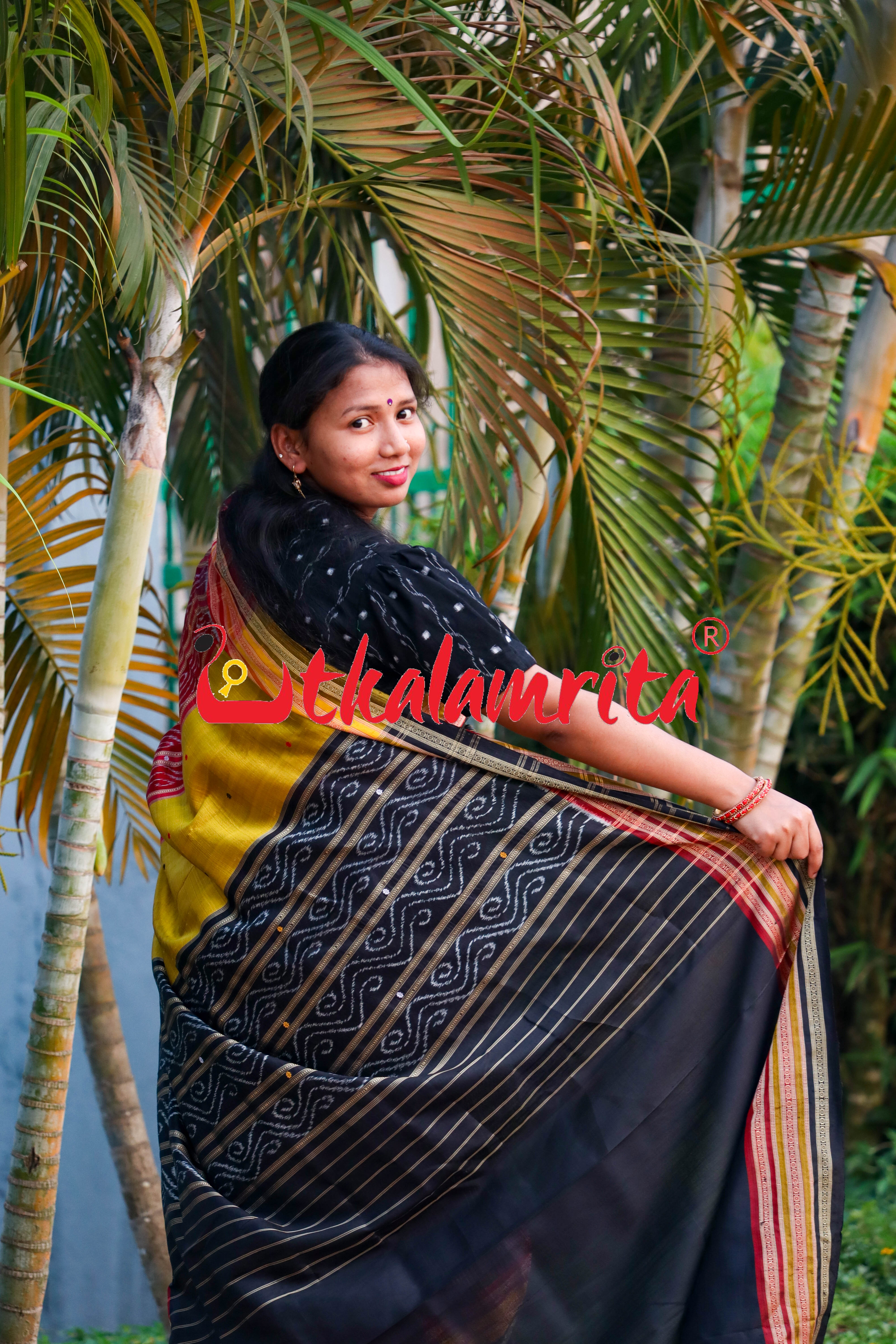 Black Body Yellow Lines Kathifera Silk saree