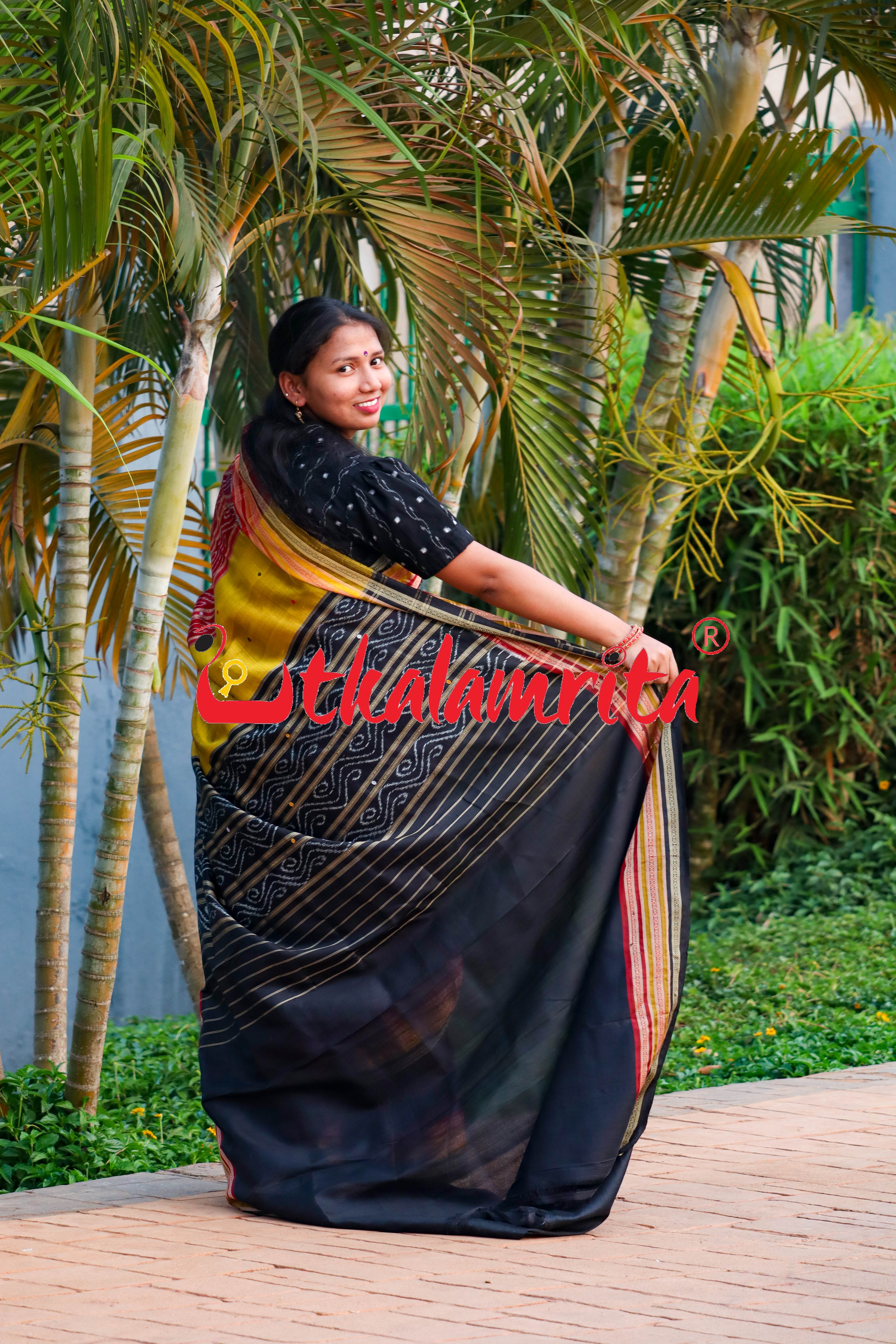 Black Body Yellow Lines Kathifera Silk saree