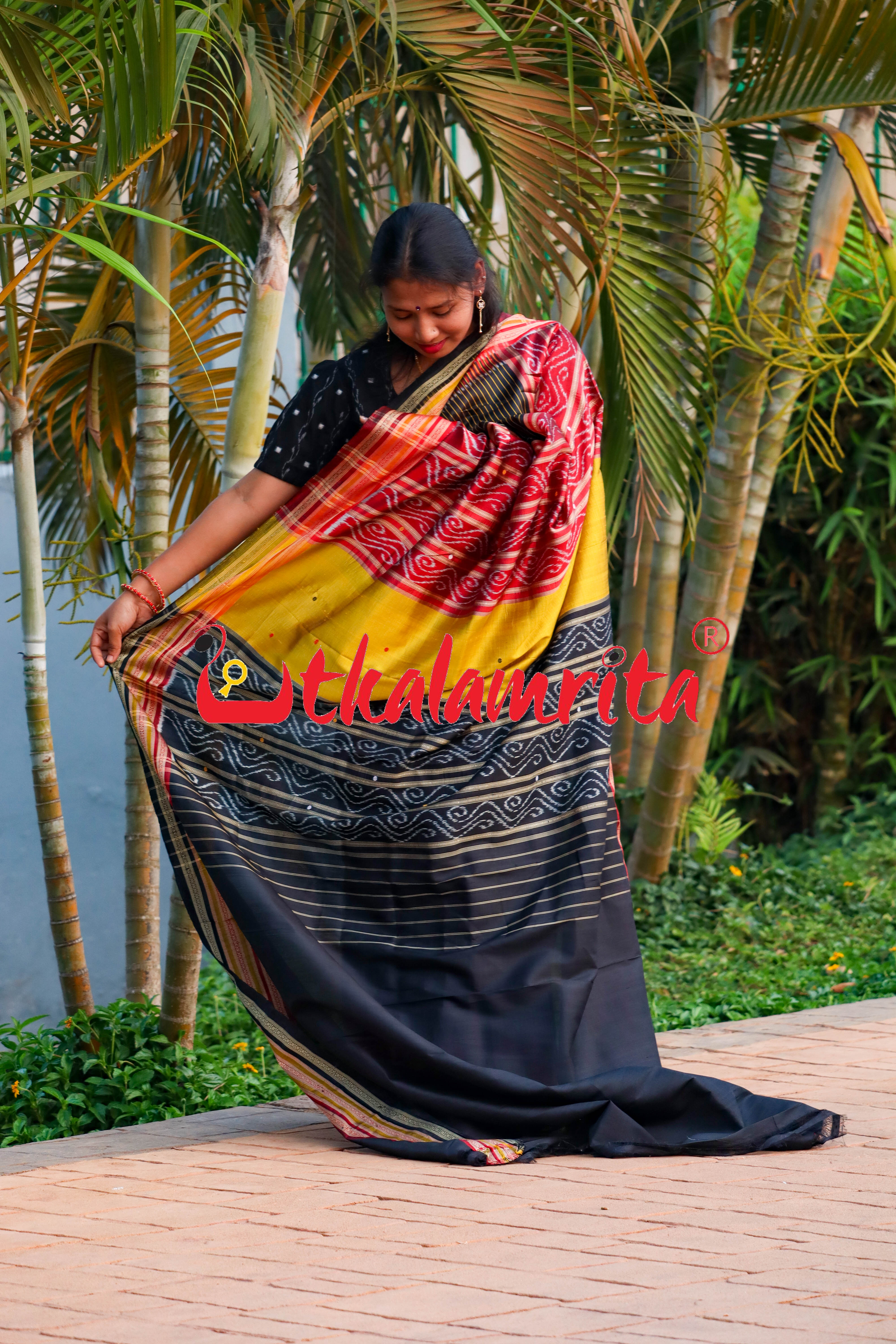Black Body Yellow Lines Kathifera Silk saree