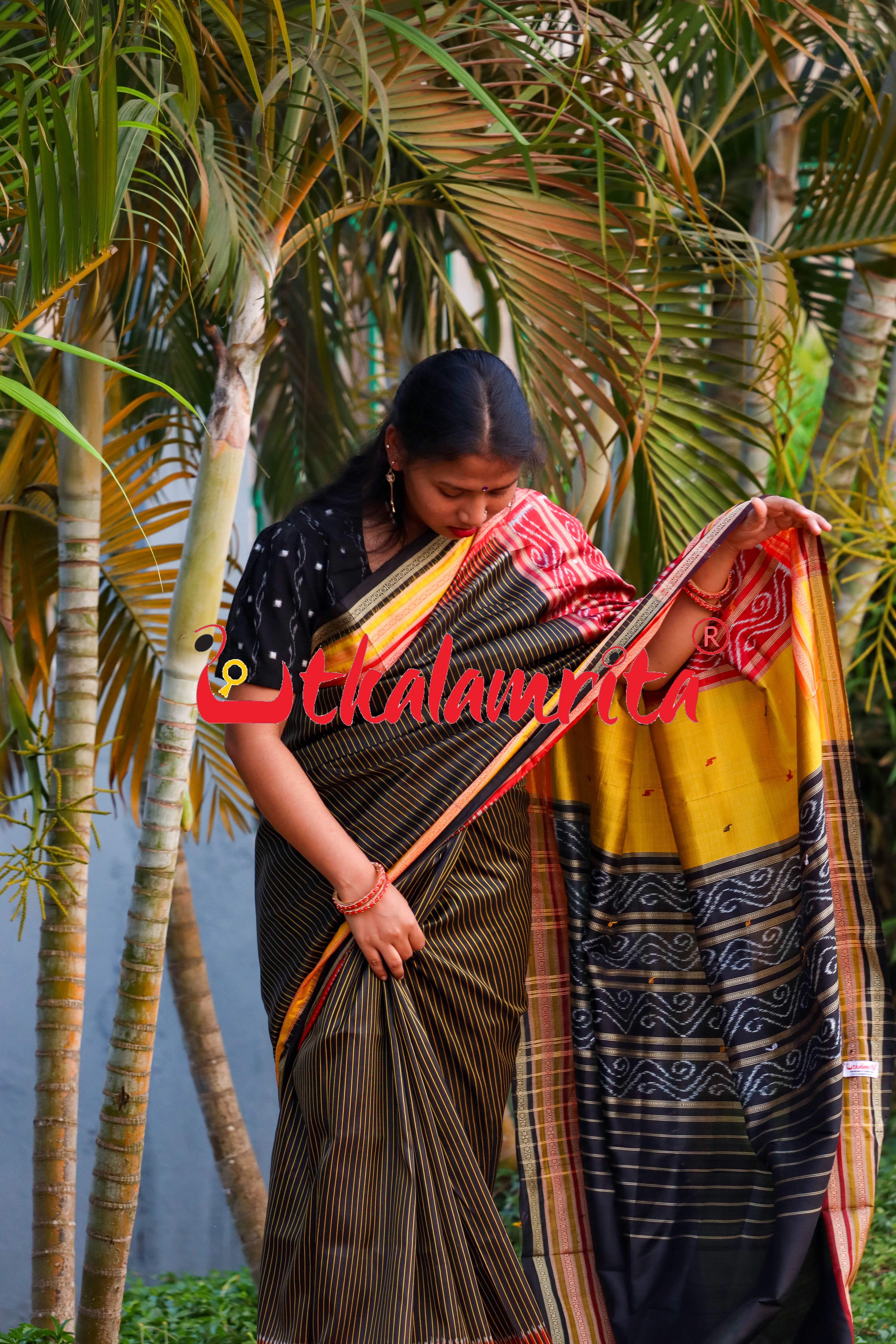 Black Body Yellow Lines Kathifera Silk saree