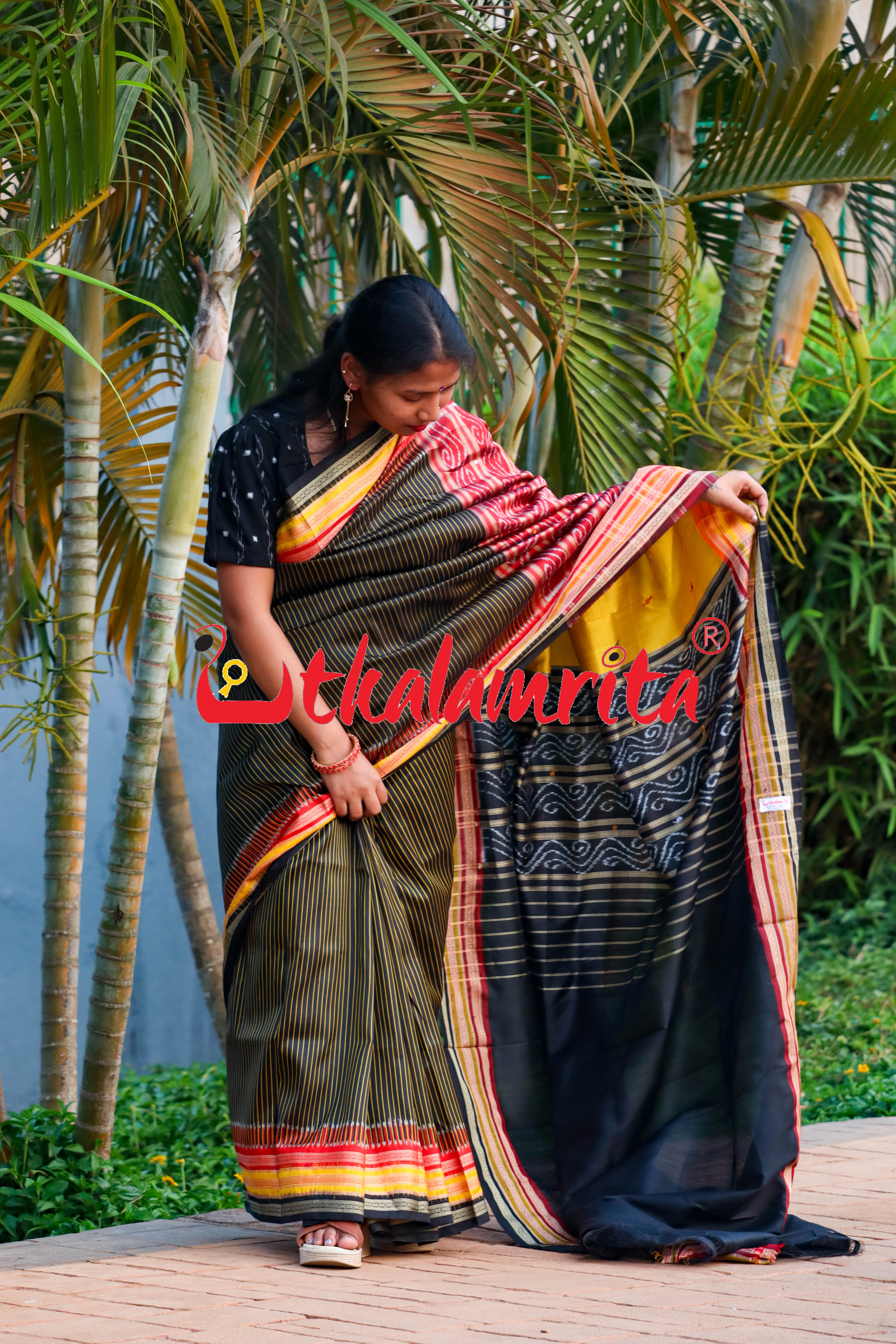 Black Body Yellow Lines Kathifera Silk saree