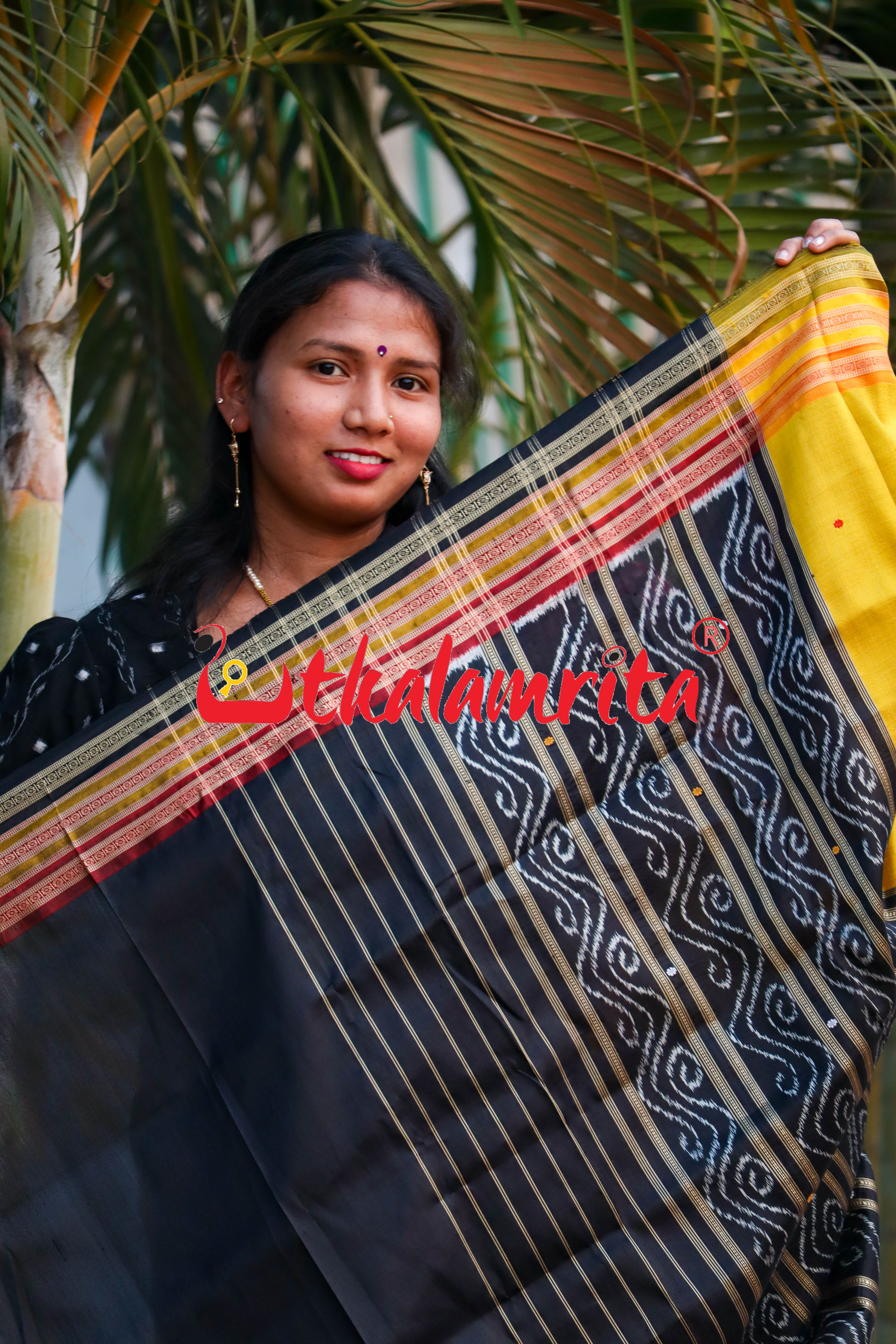 Black Body Yellow Lines Kathifera Silk saree