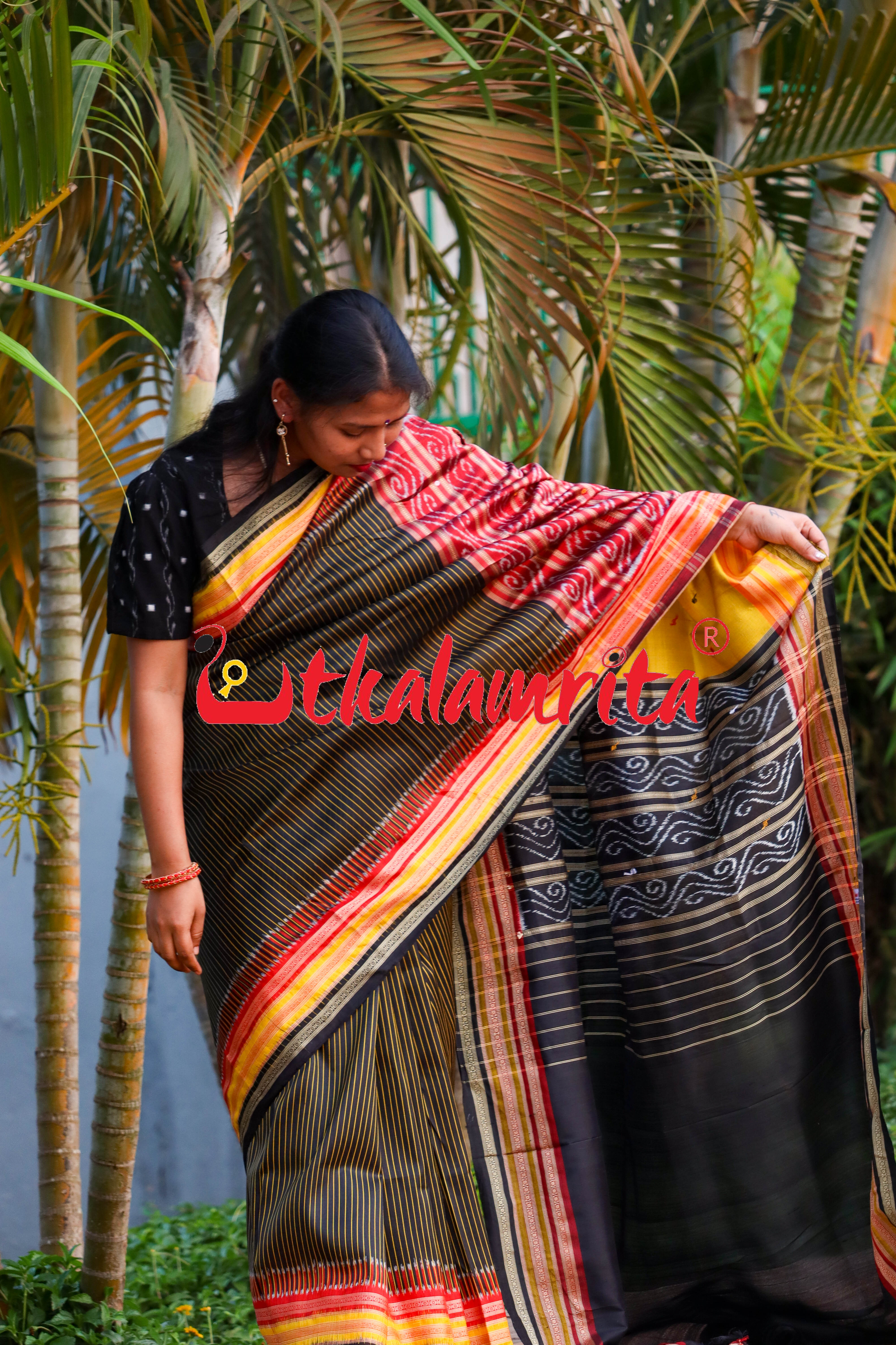 Black Body Yellow Lines Kathifera Silk saree