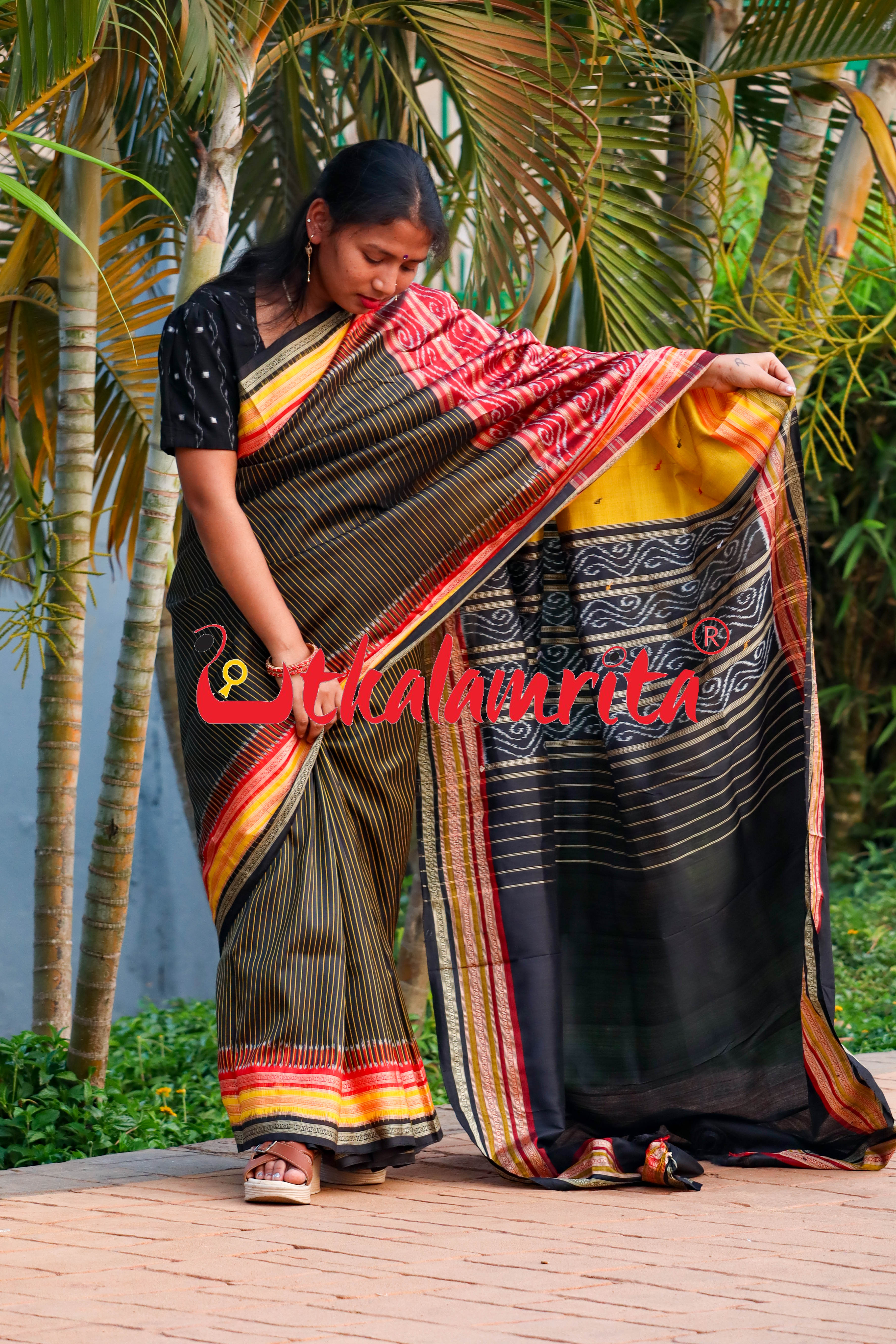 Black Body Yellow Lines Kathifera Silk saree