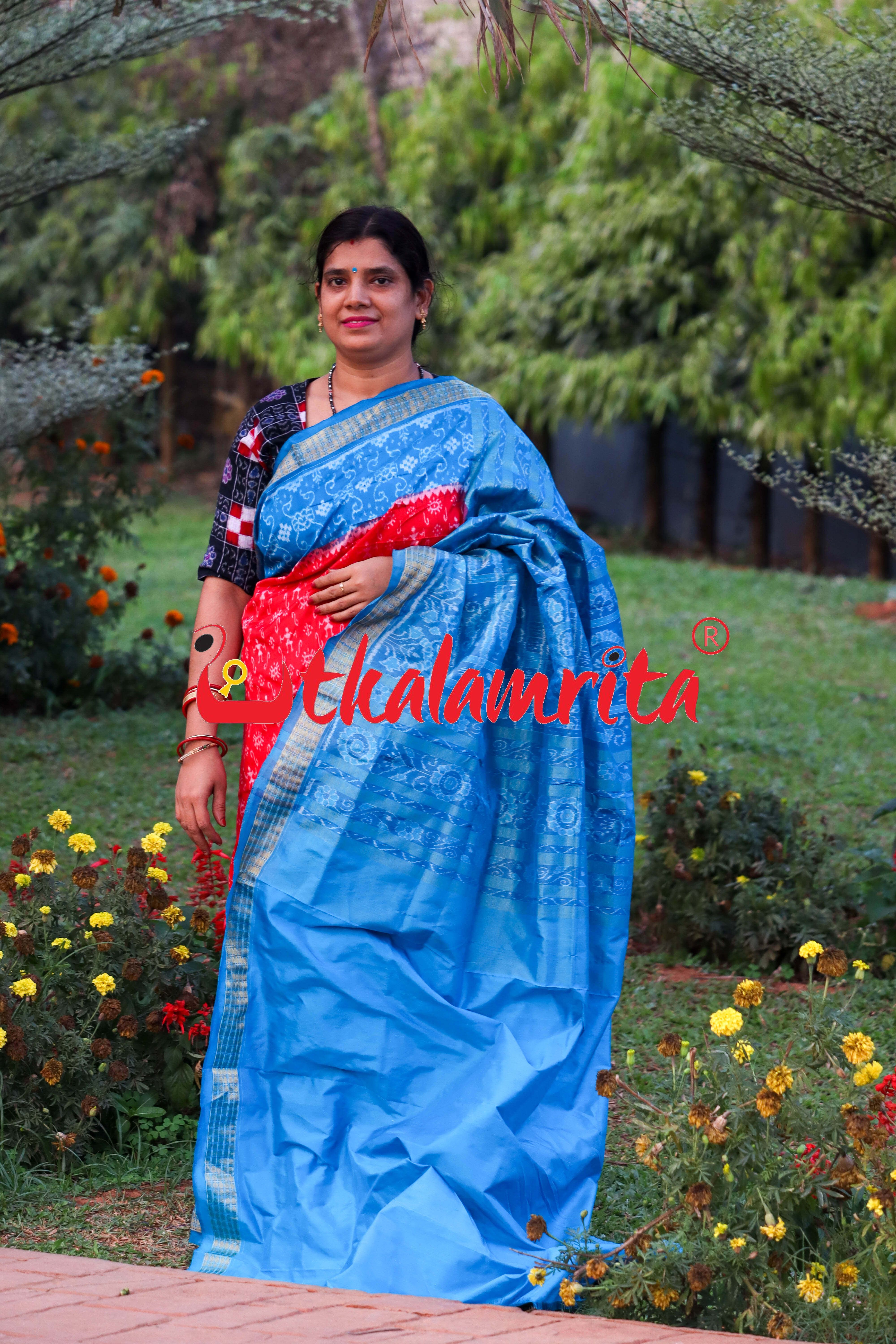 Red Blue S Tribal Half Tissue Sambalpuri Silk Saree