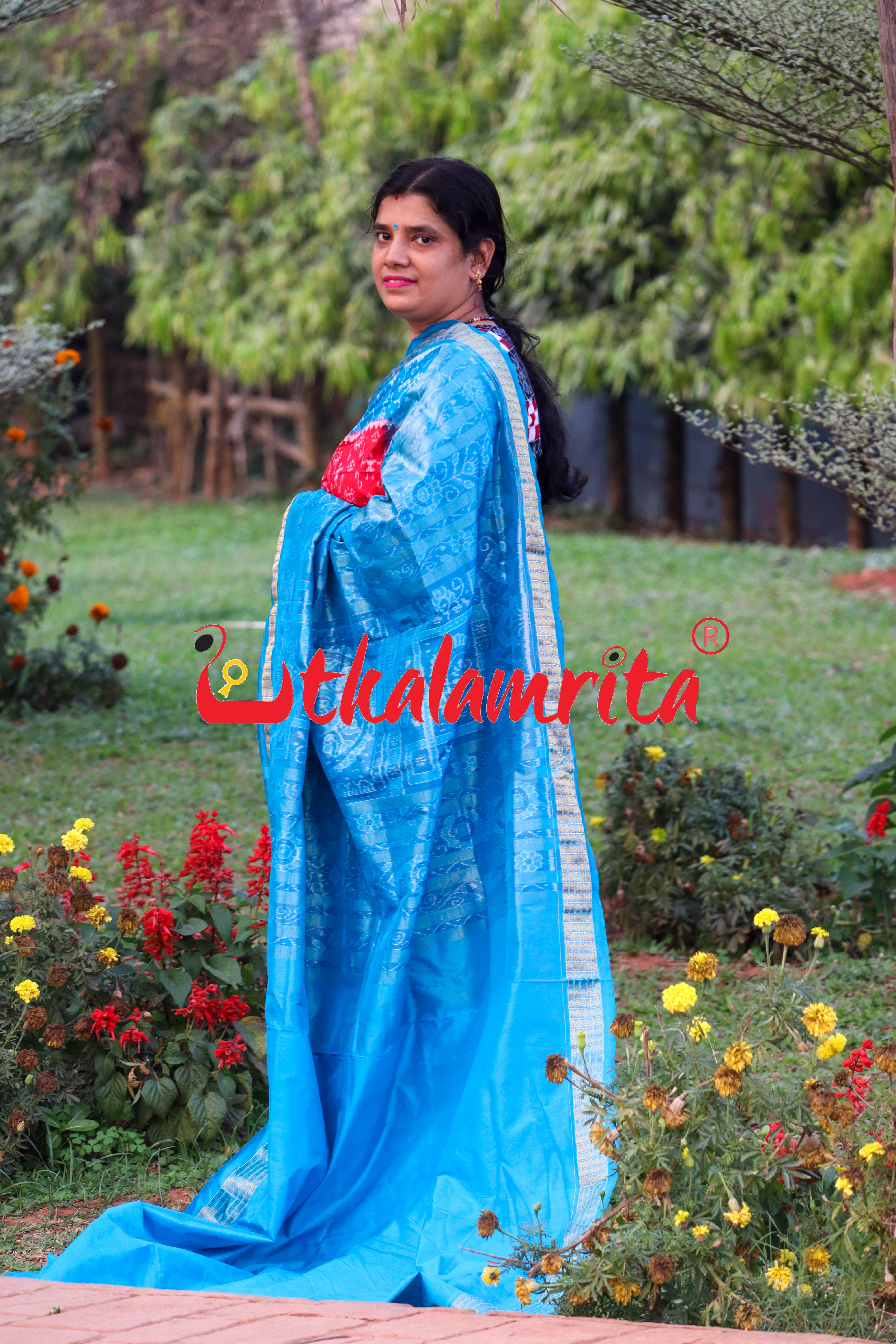 Red Blue S Tribal Half Tissue Sambalpuri Silk Saree