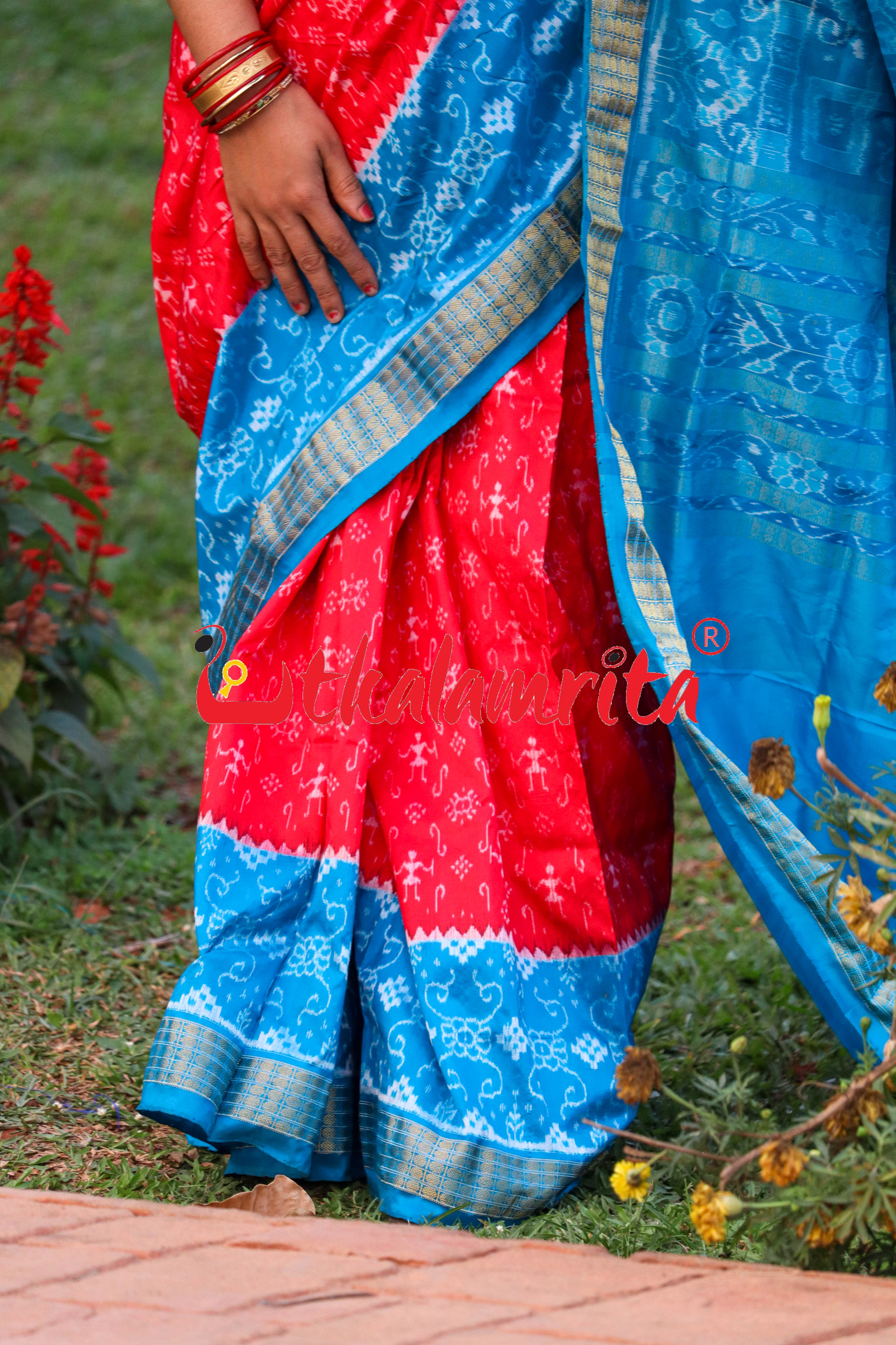 Red Blue S Tribal Half Tissue Sambalpuri Silk Saree