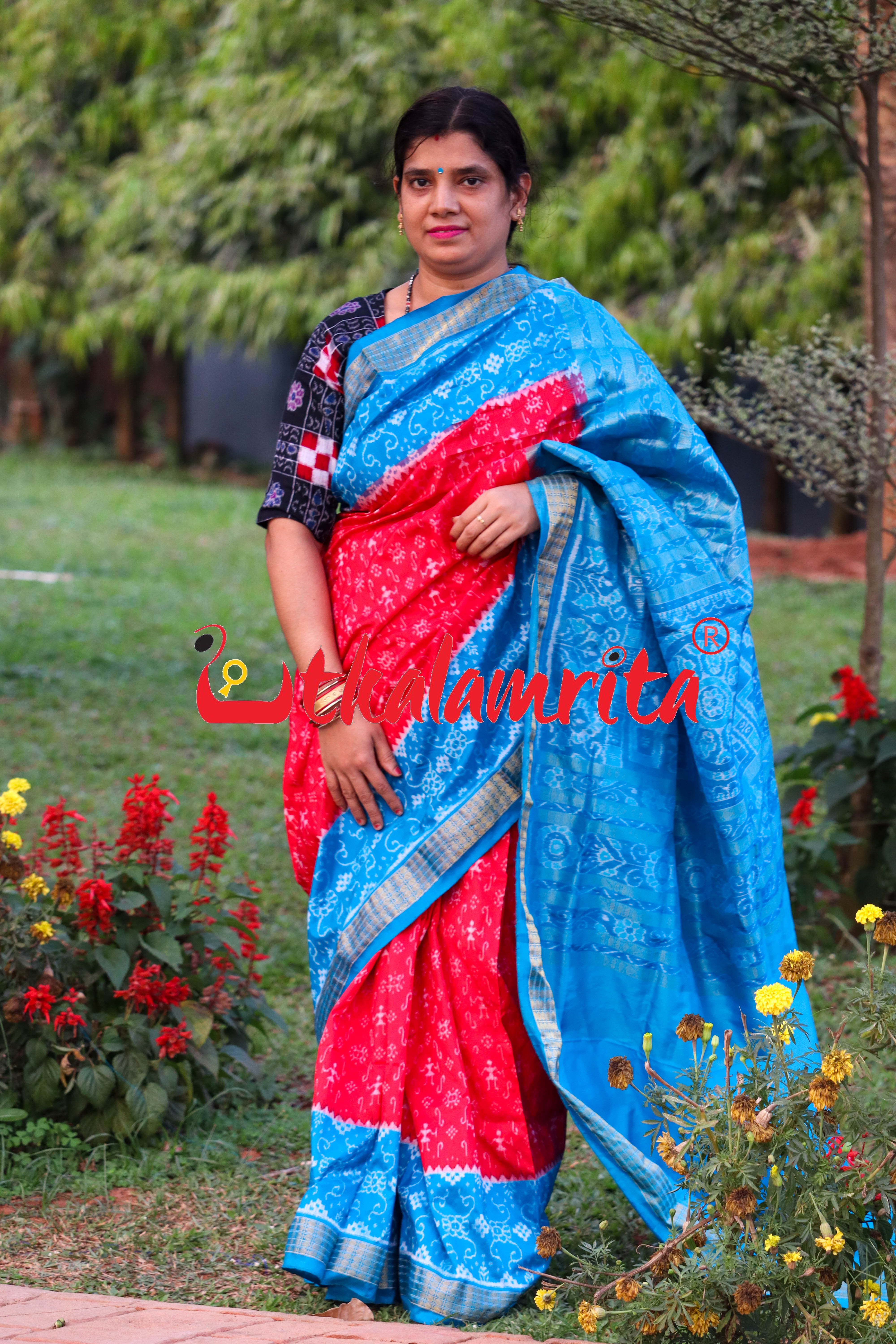 Red Blue S Tribal Half Tissue Sambalpuri Silk Saree