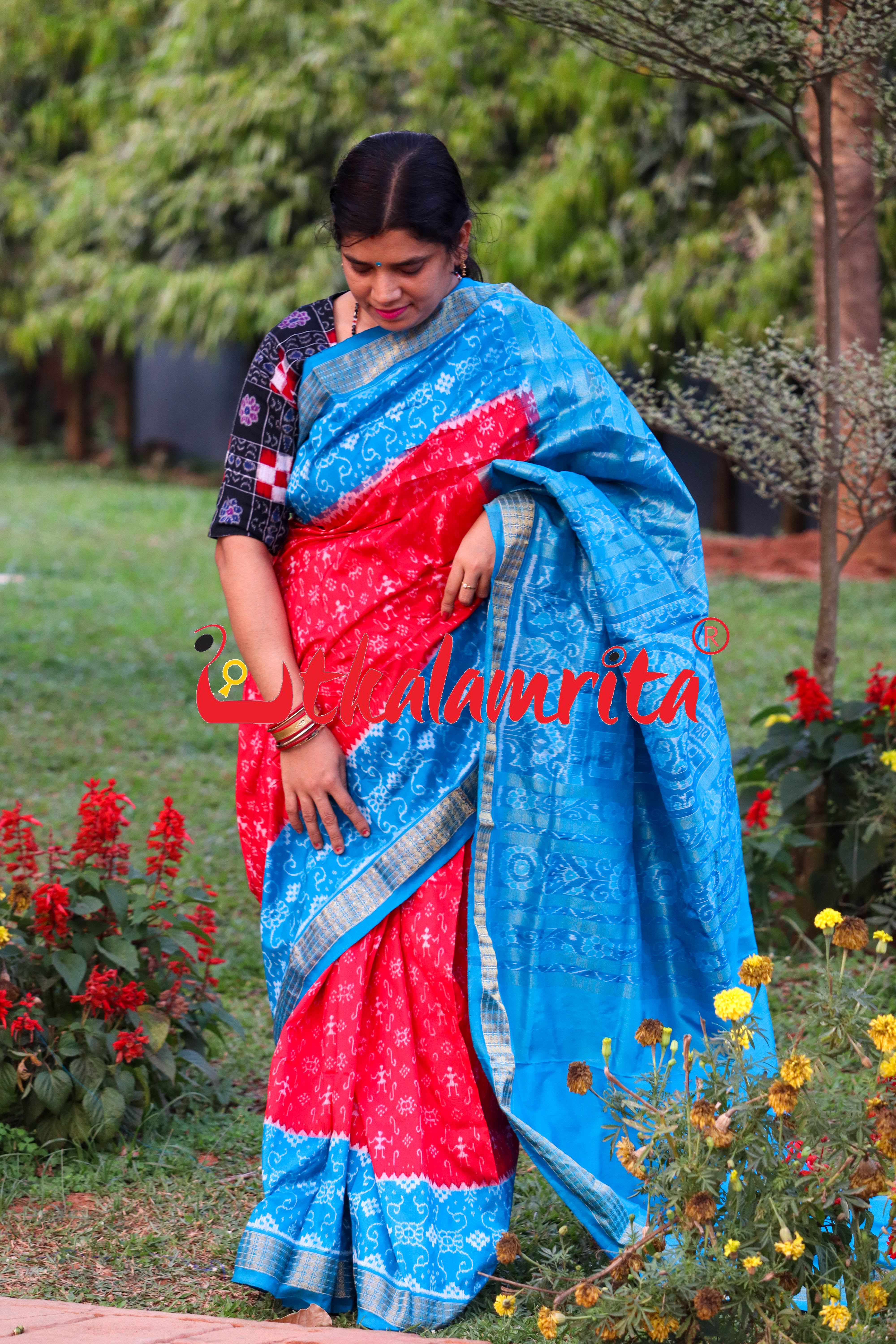 Red Blue S Tribal Half Tissue Sambalpuri Silk Saree