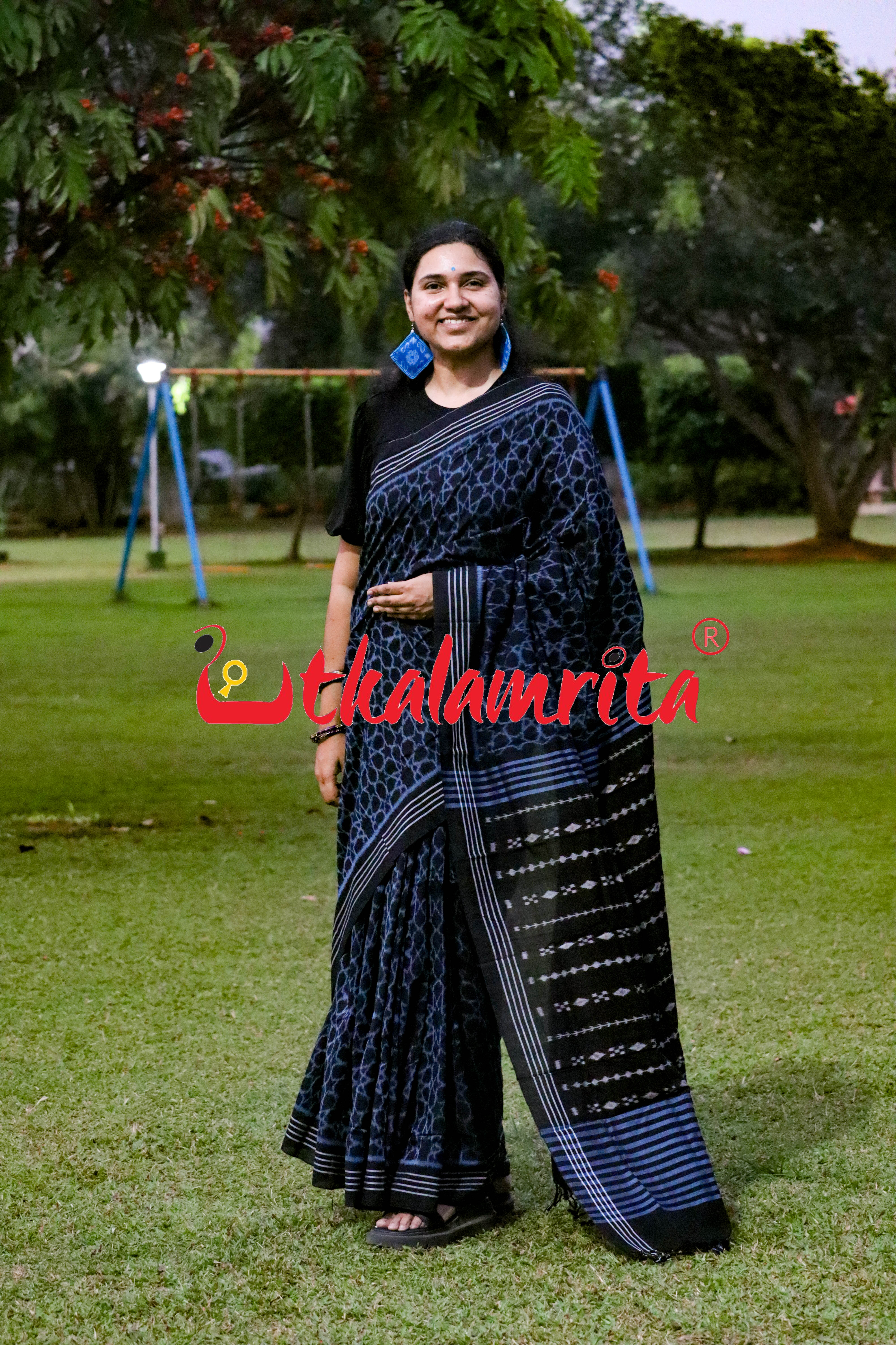 Black Mandala Art Khandua Cotton Saree