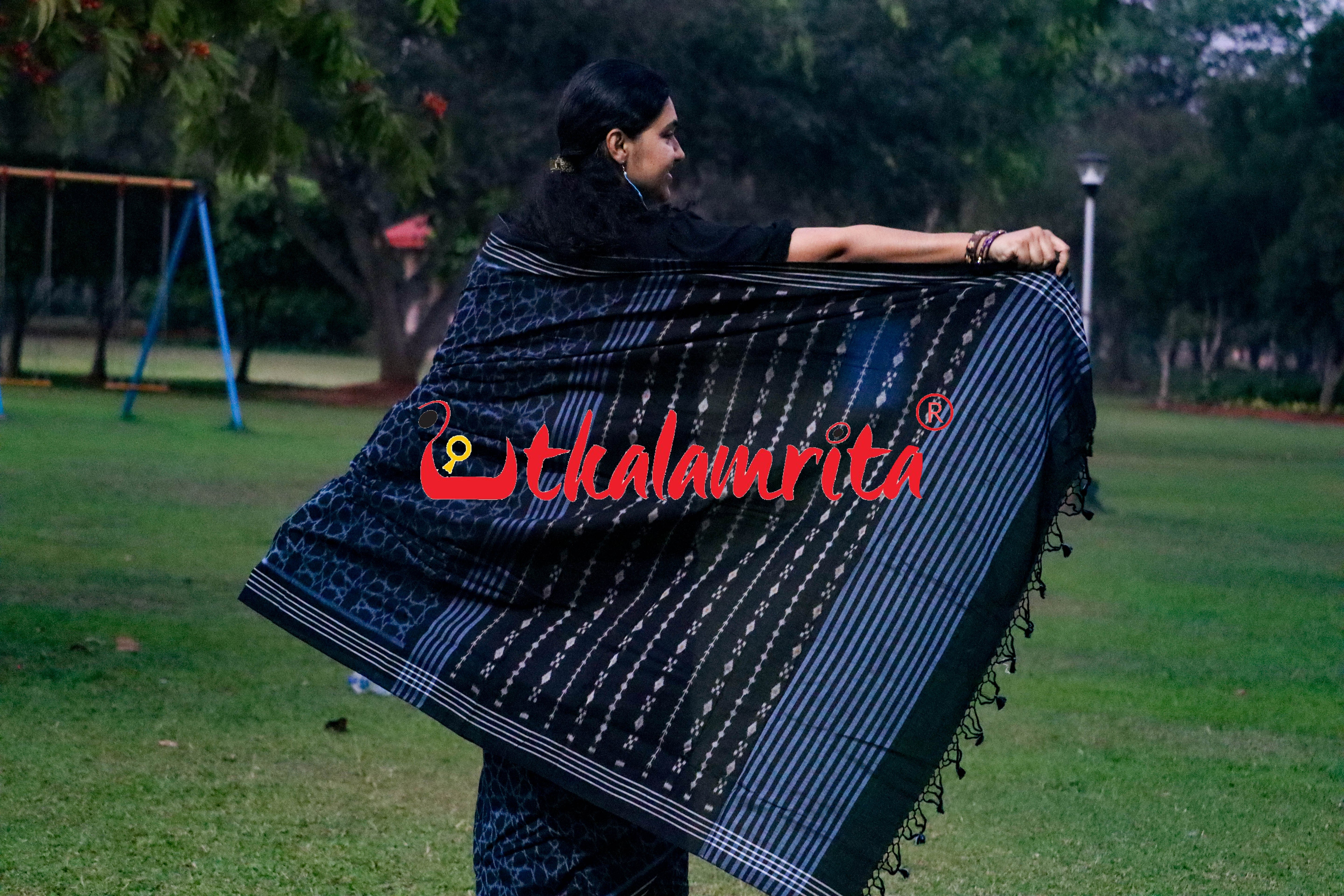 Black Mandala Art Khandua Cotton Saree