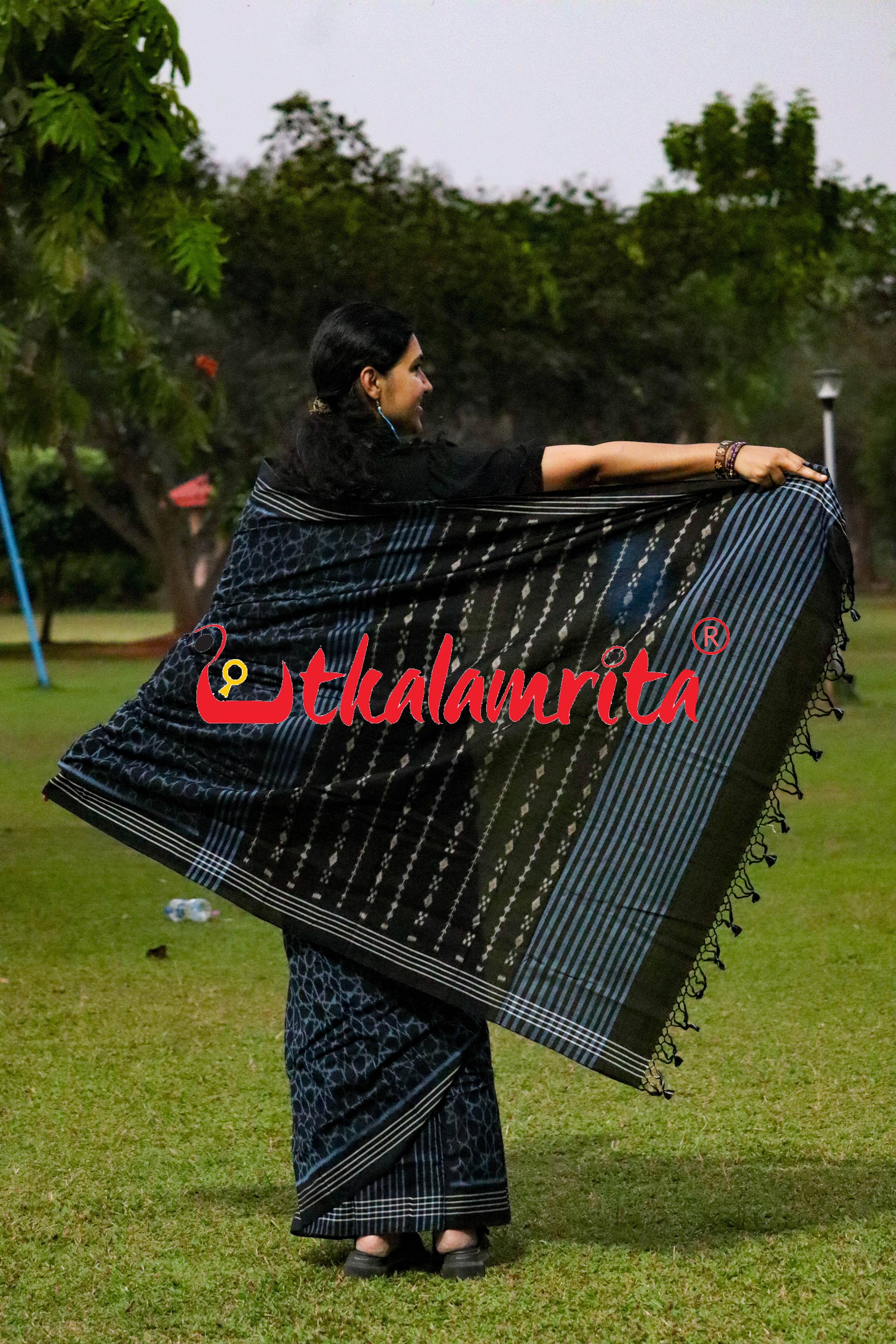 Black Mandala Art Khandua Cotton Saree