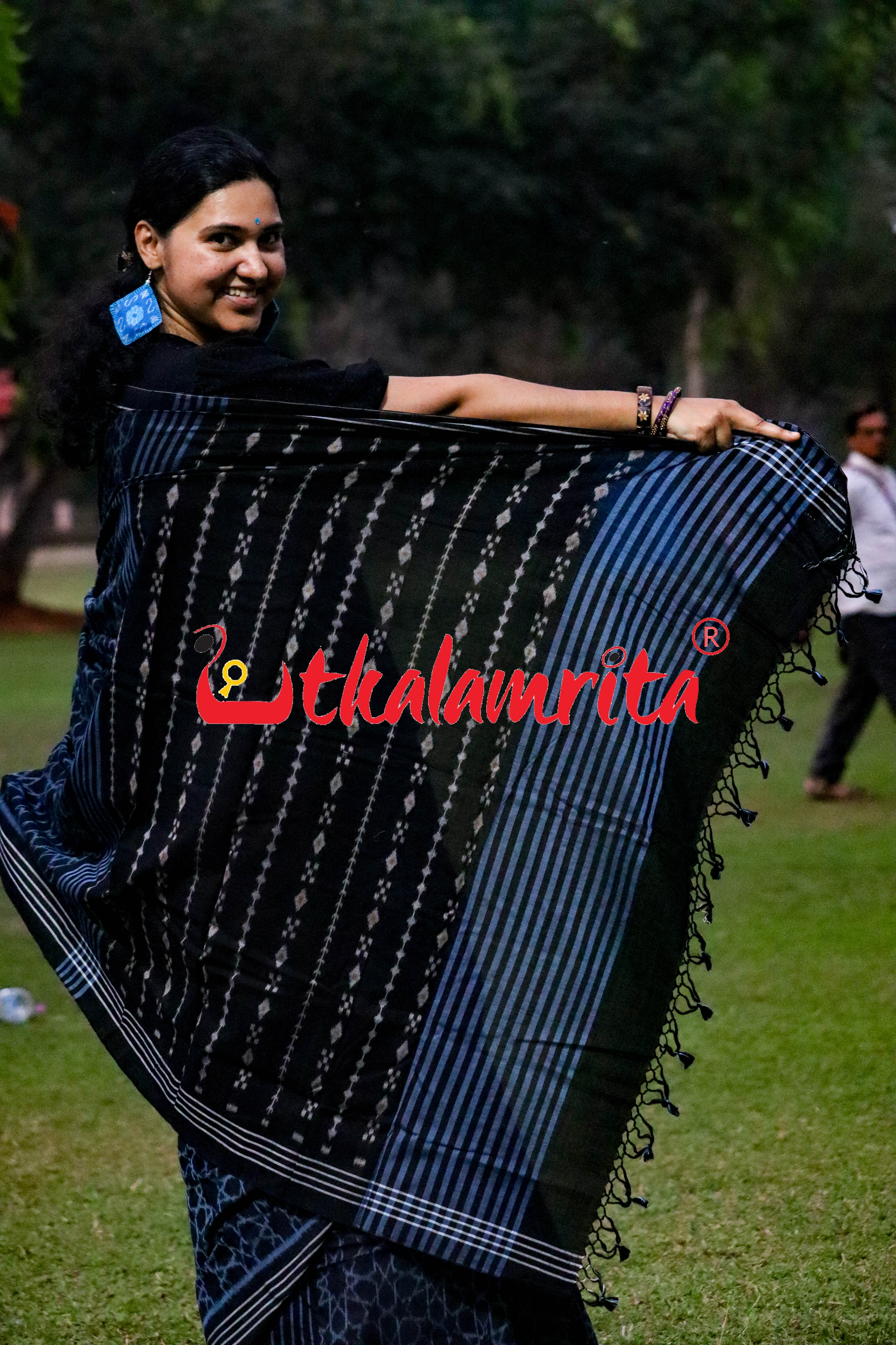Black Mandala Art Khandua Cotton Saree