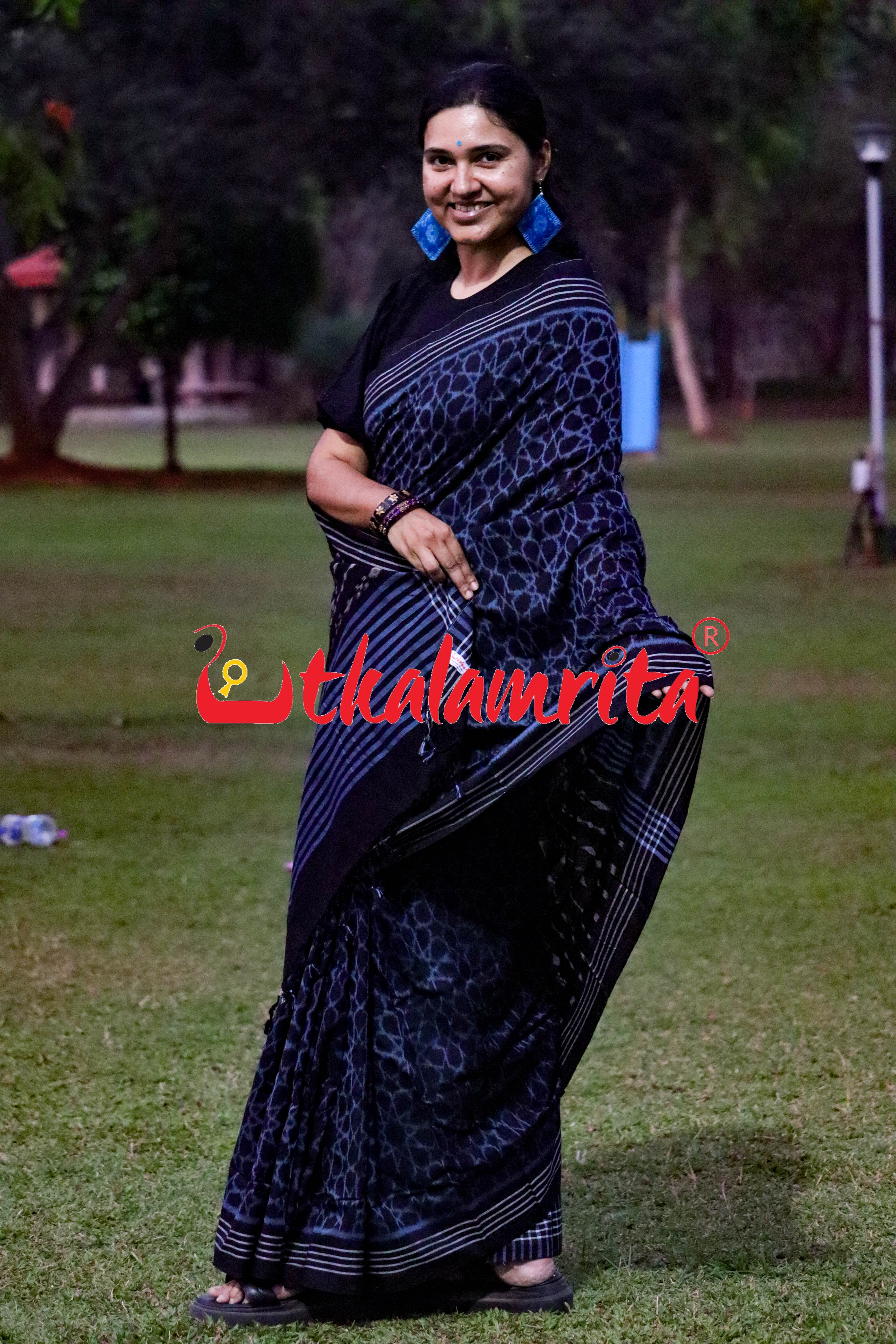 Black Mandala Art Khandua Cotton Saree