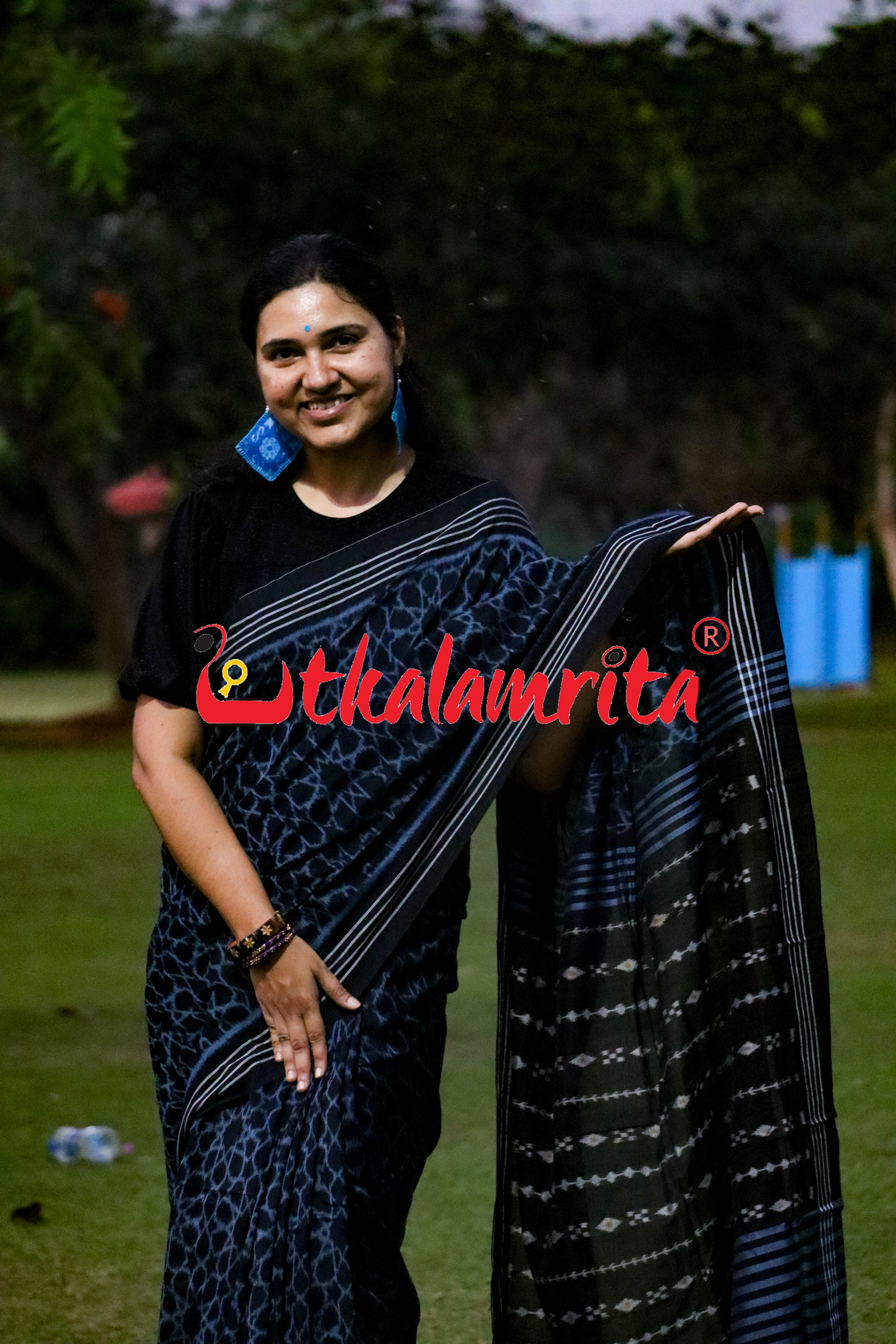Black Mandala Art Khandua Cotton Saree