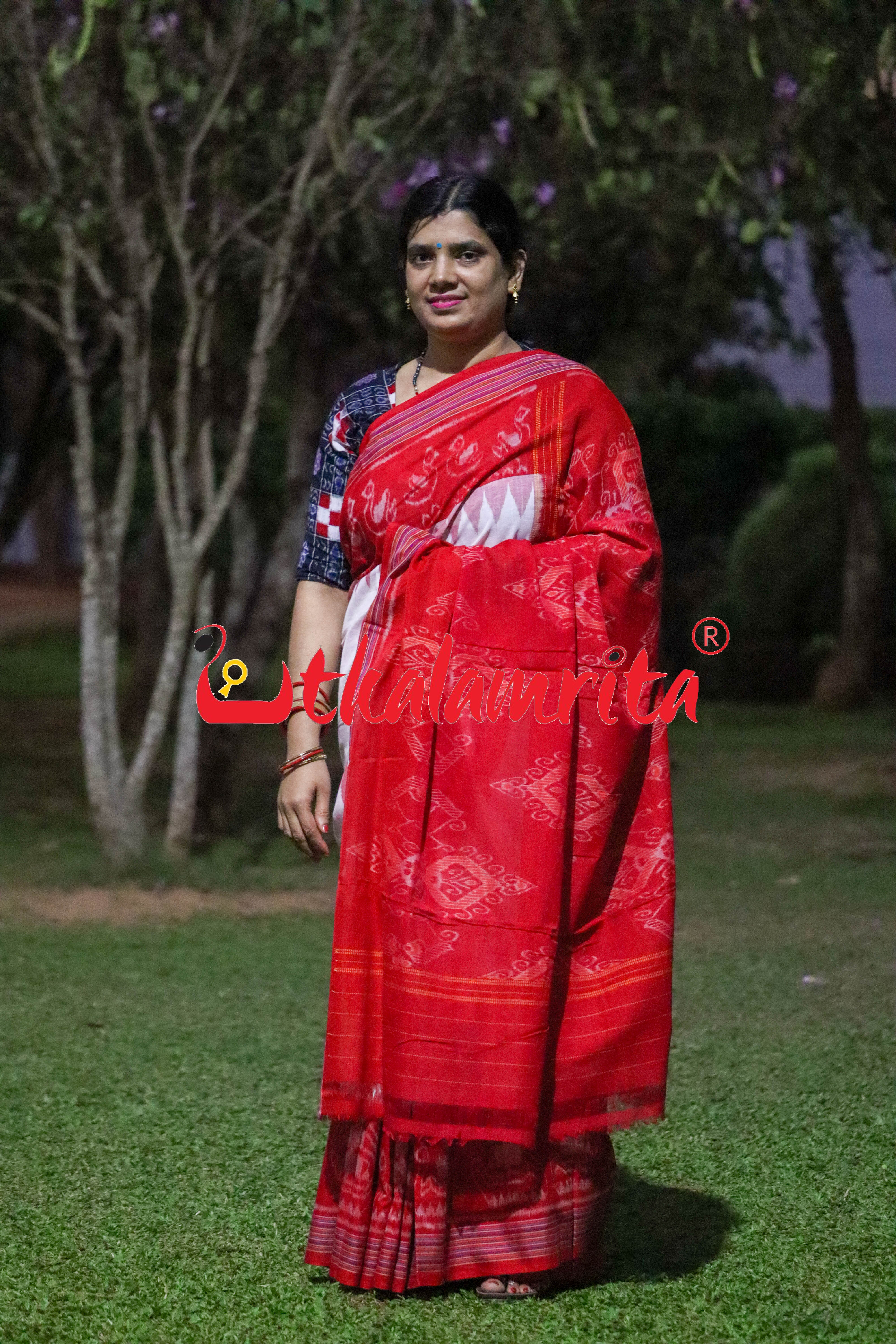 White Red Traditional Design Khandua Cotton Saree