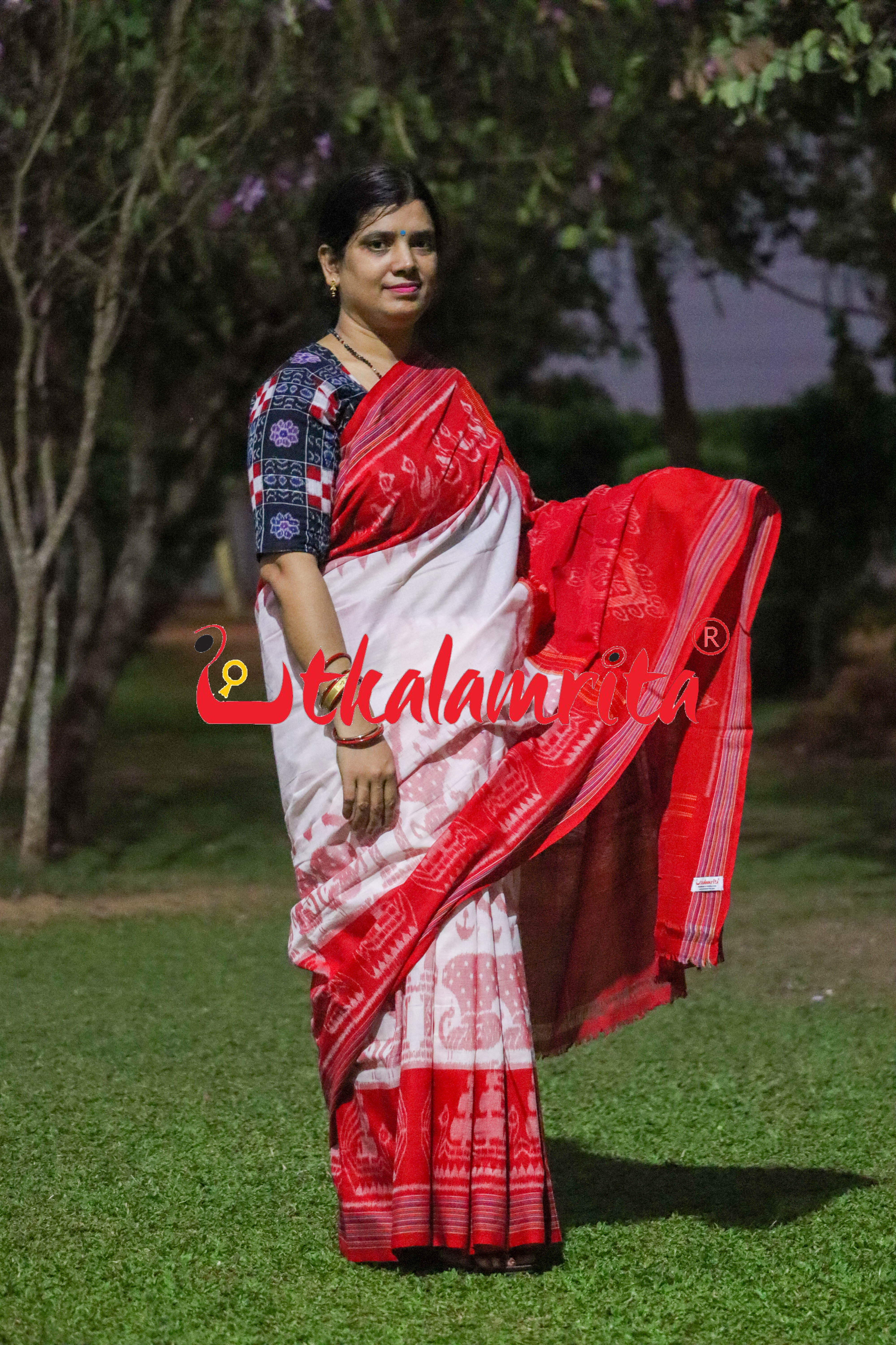 White Red Traditional Design Khandua Cotton Saree
