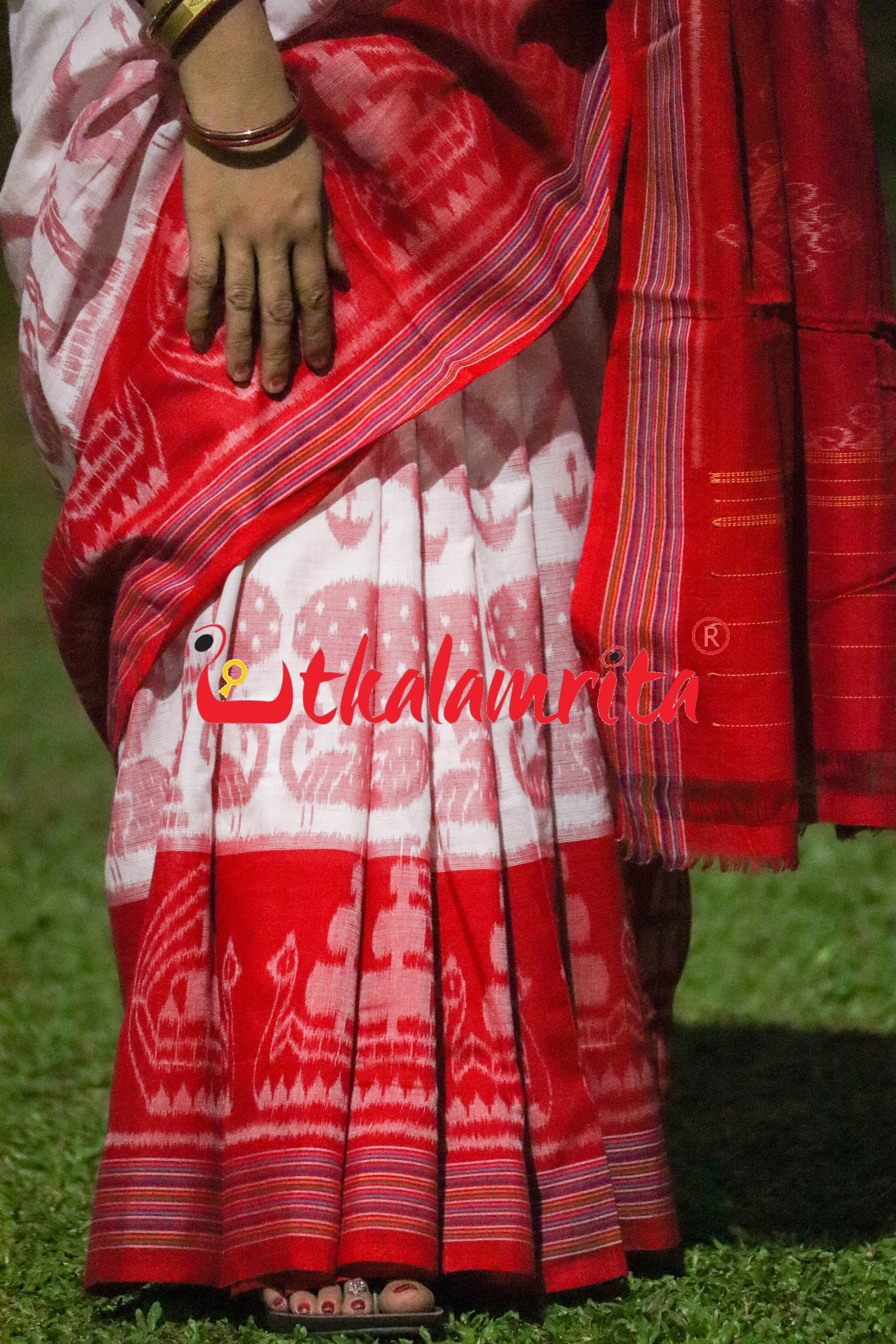 White Red Traditional Design Khandua Cotton Saree