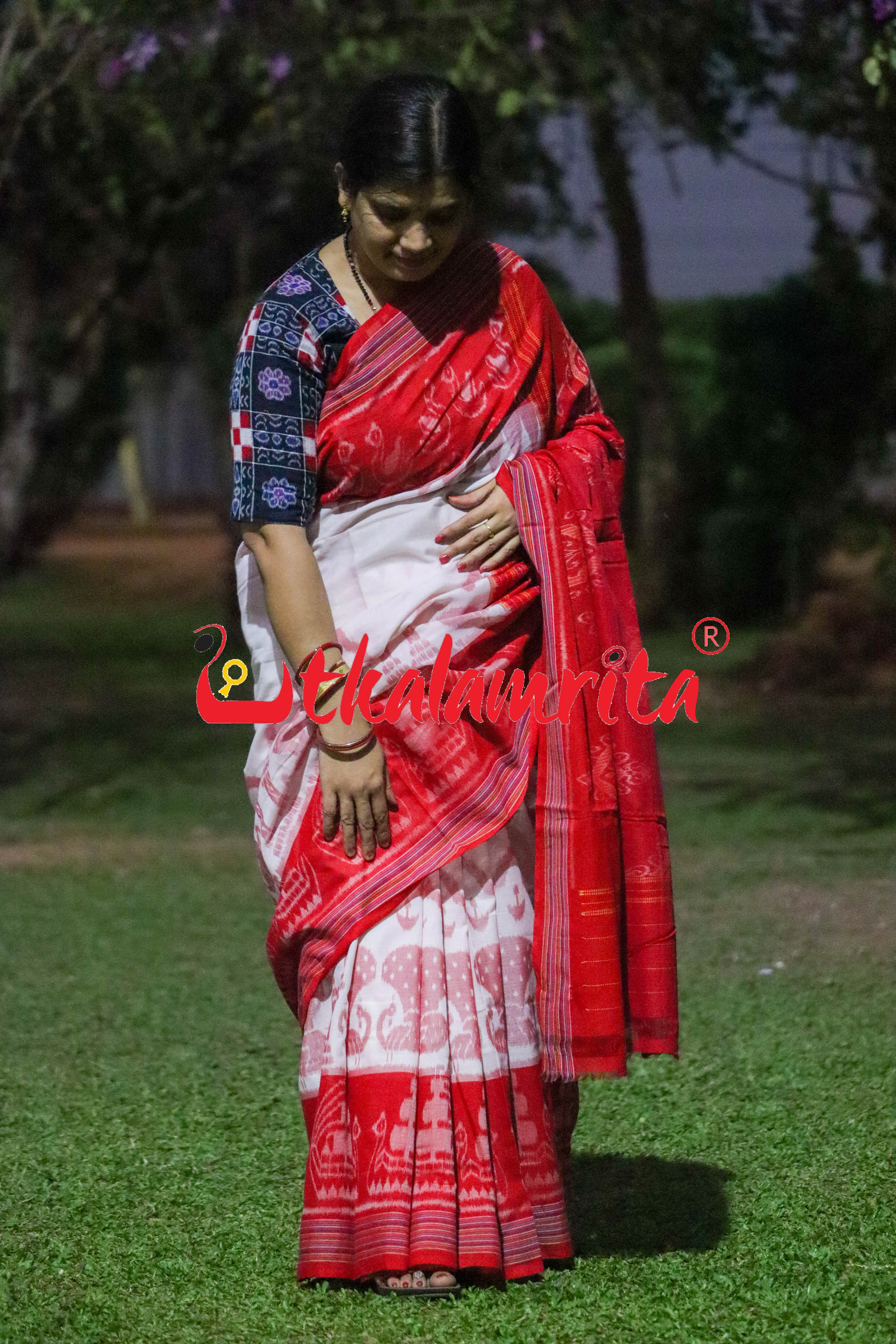 White Red Traditional Design Khandua Cotton Saree