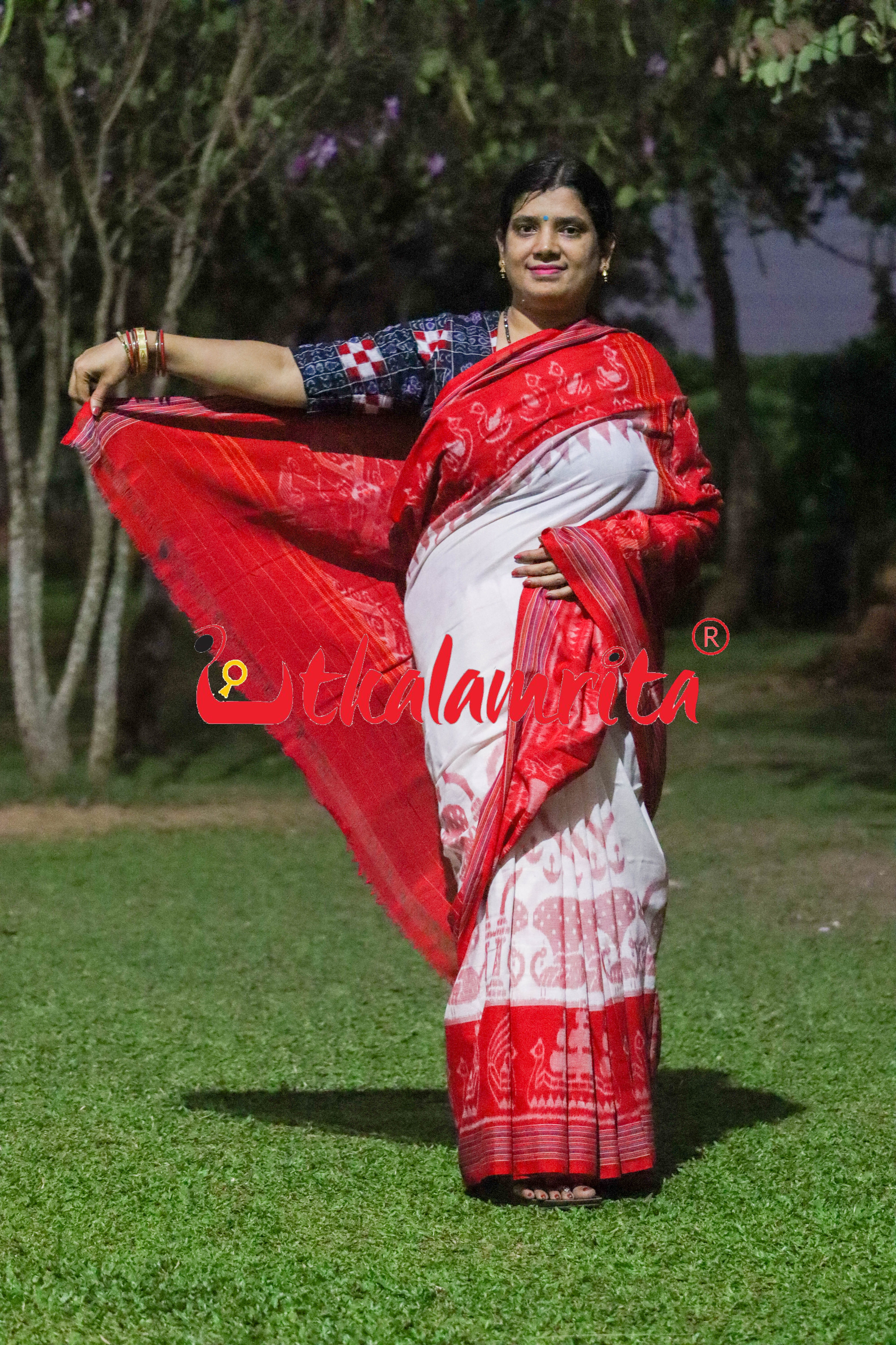 White Red Traditional Design Khandua Cotton Saree