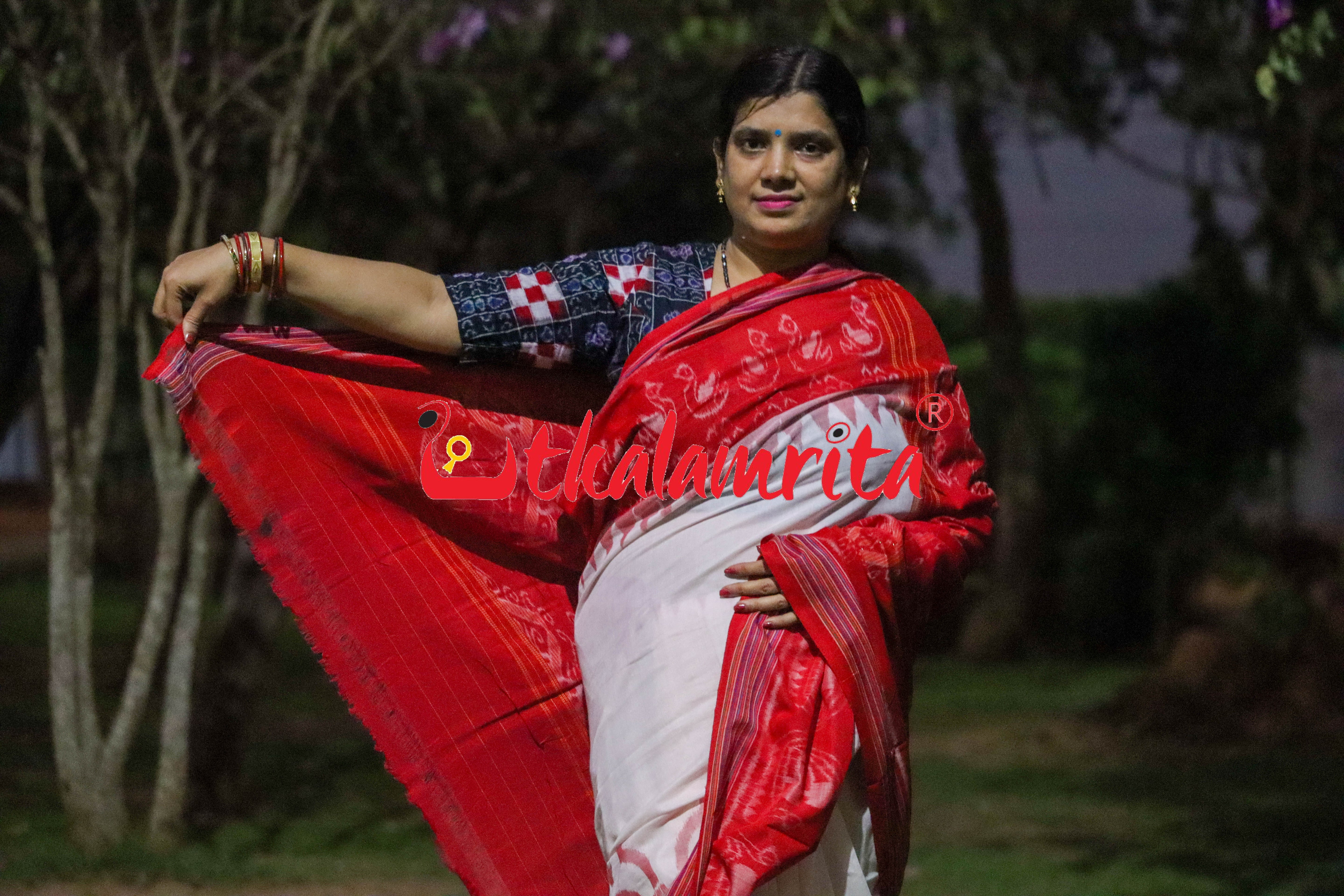White Red Traditional Design Khandua Cotton Saree