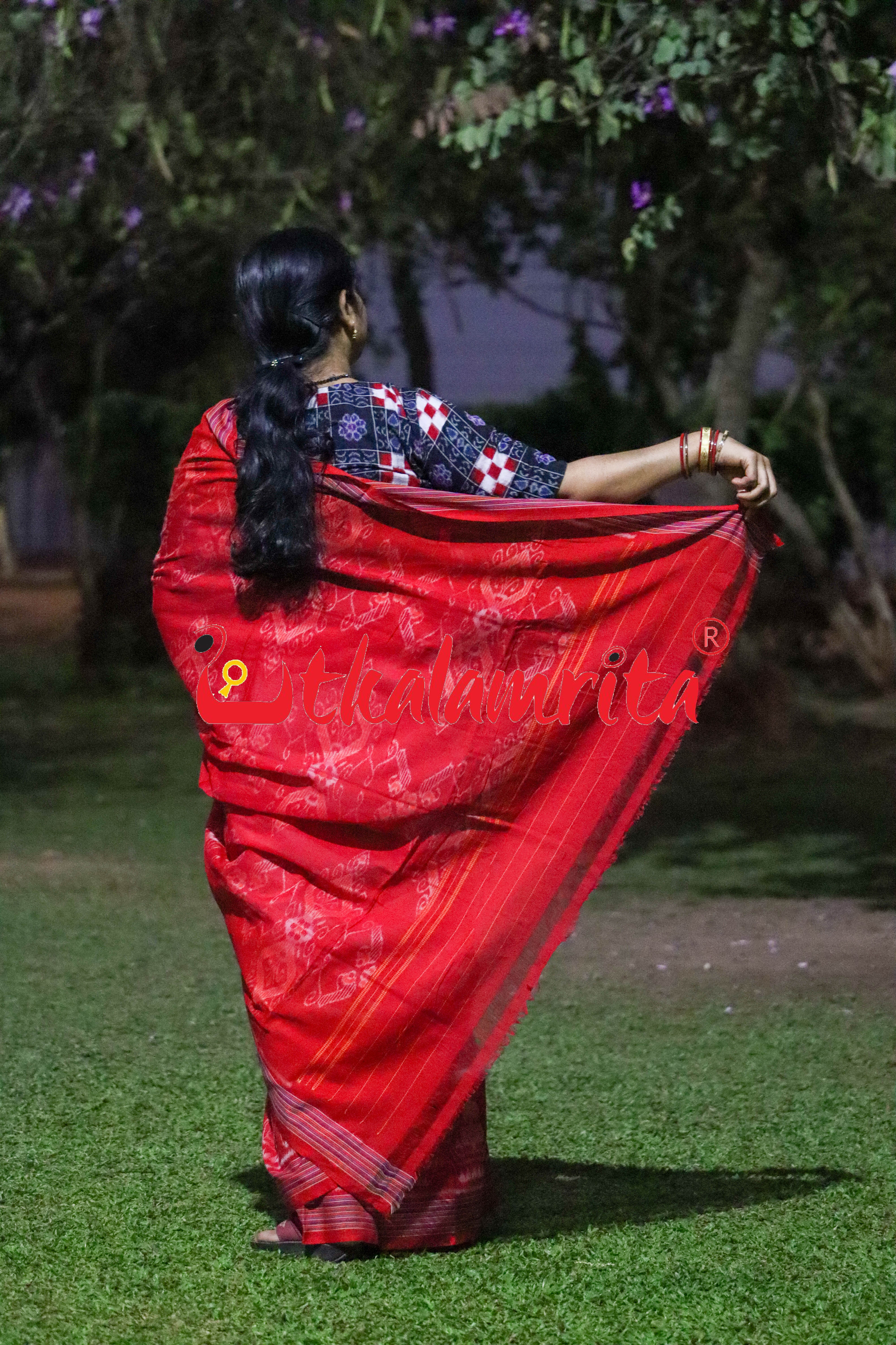 White Red Traditional Design Khandua Cotton Saree