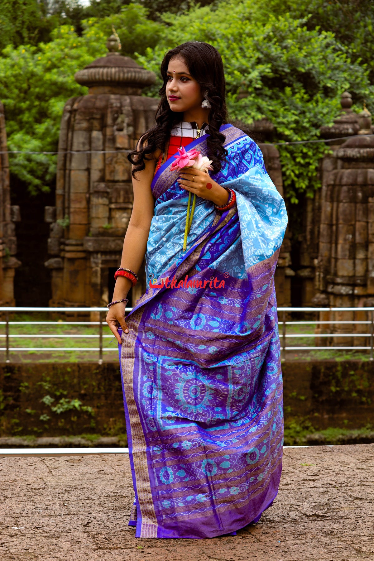 Sky Blue Deep Blue Half Tissue Sambalpuri Silk Saree