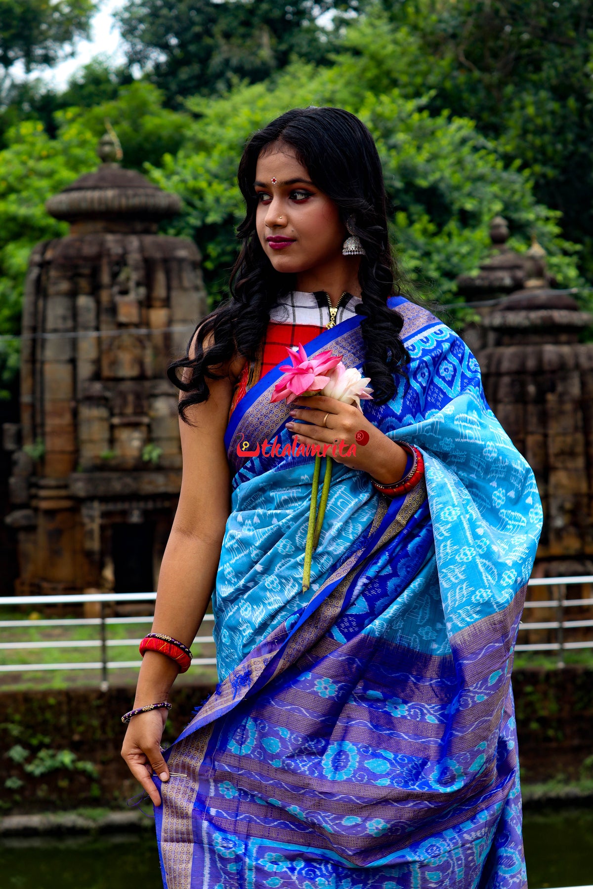 Sky Blue Deep Blue Half Tissue Sambalpuri Silk Saree
