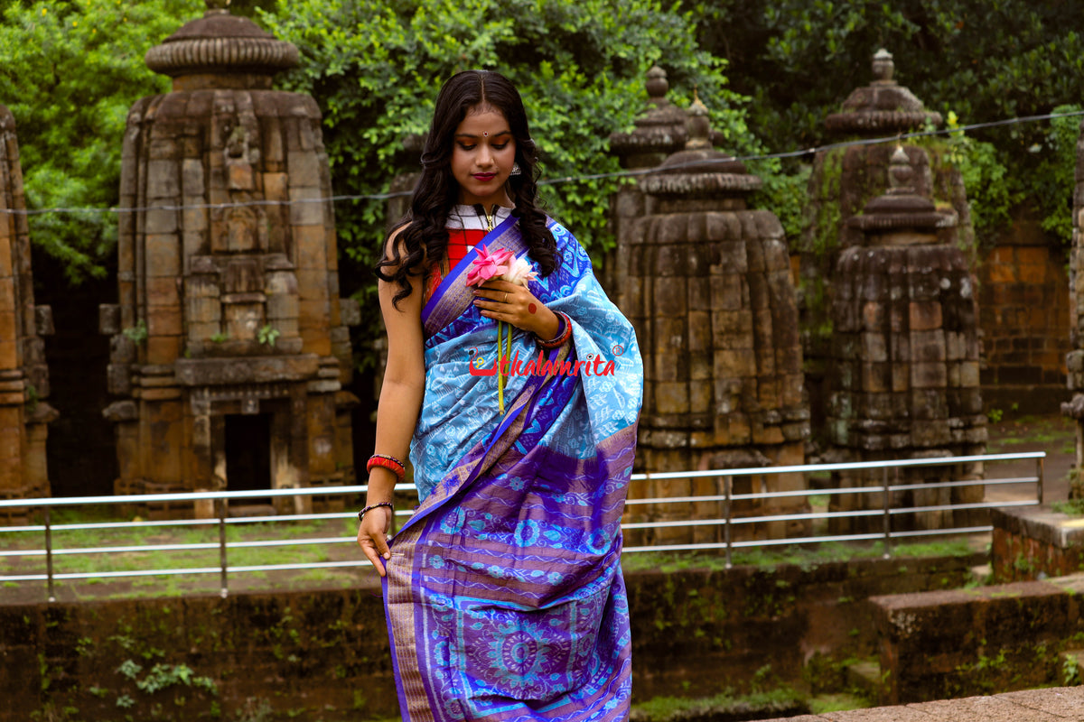 Sky Blue Deep Blue Half Tissue Sambalpuri Silk Saree