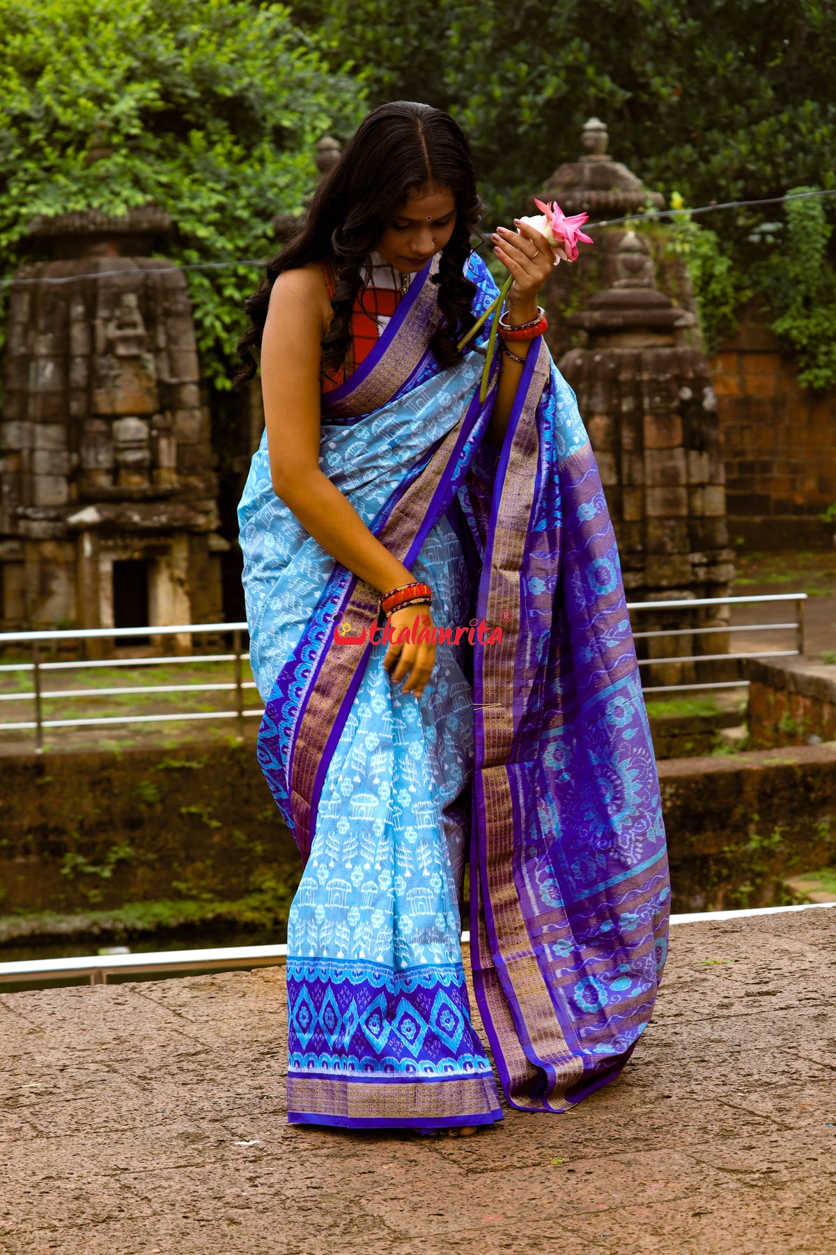Sky Blue Deep Blue Half Tissue Sambalpuri Silk Saree