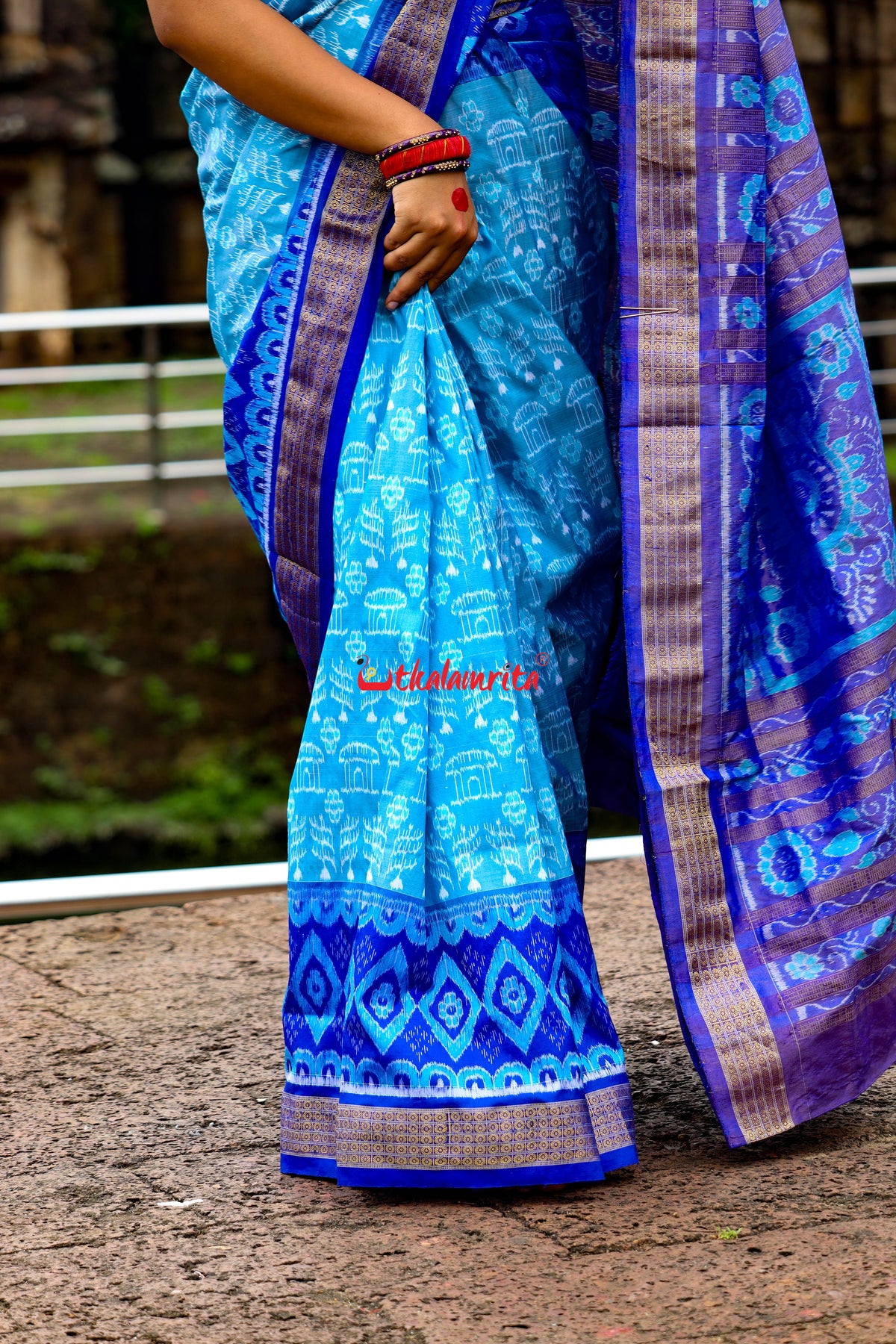 Sky Blue Deep Blue Half Tissue Sambalpuri Silk Saree