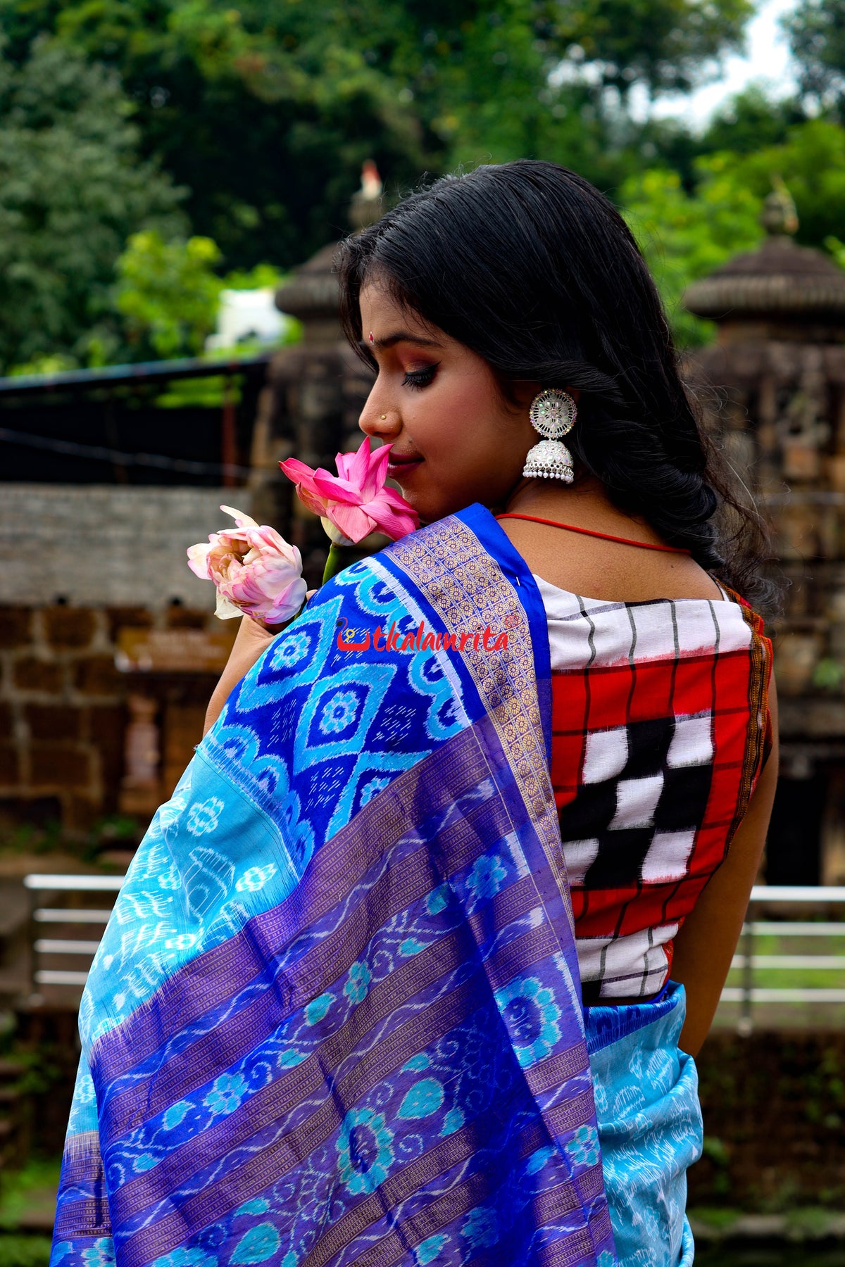 Sky Blue Deep Blue Half Tissue Sambalpuri Silk Saree