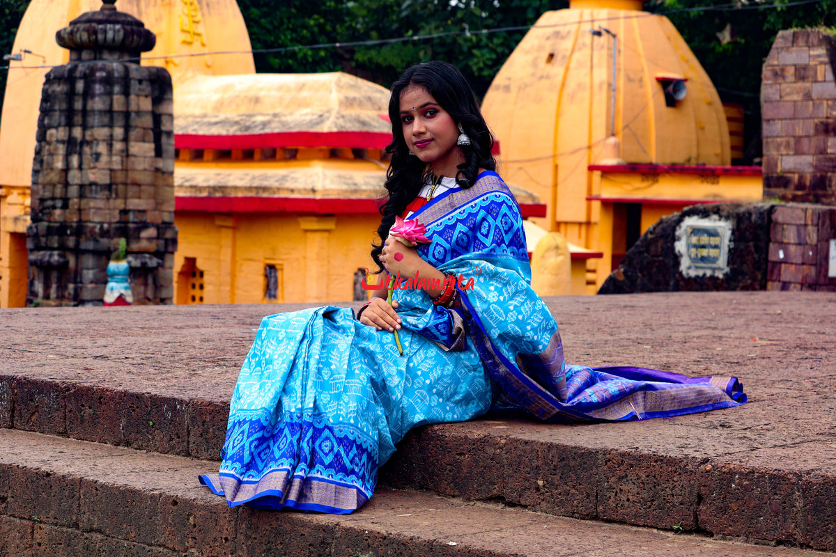 Sky Blue Deep Blue Half Tissue Sambalpuri Silk Saree
