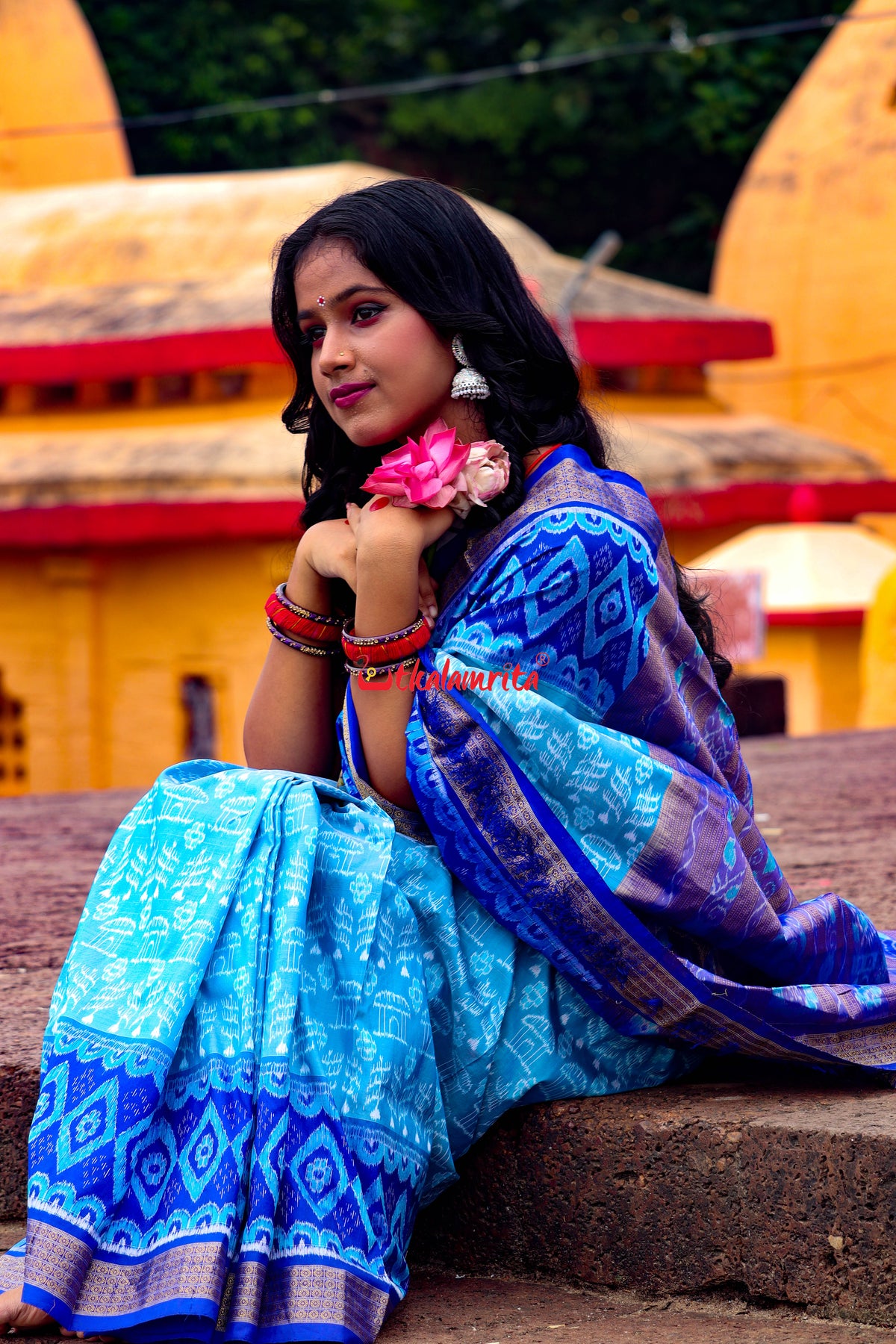 Sky Blue Deep Blue Half Tissue Sambalpuri Silk Saree