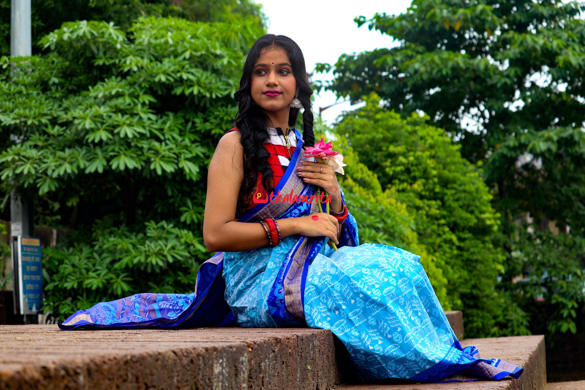 Sky Blue Deep Blue Half Tissue Sambalpuri Silk Saree
