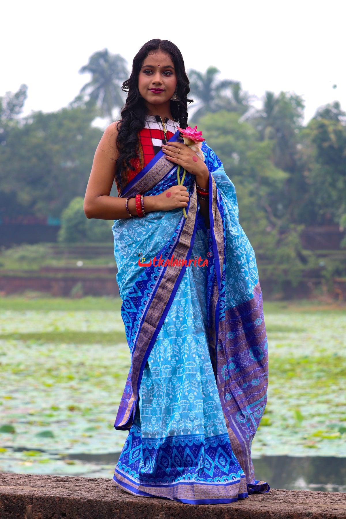 Sky Blue Deep Blue Half Tissue Sambalpuri Silk Saree