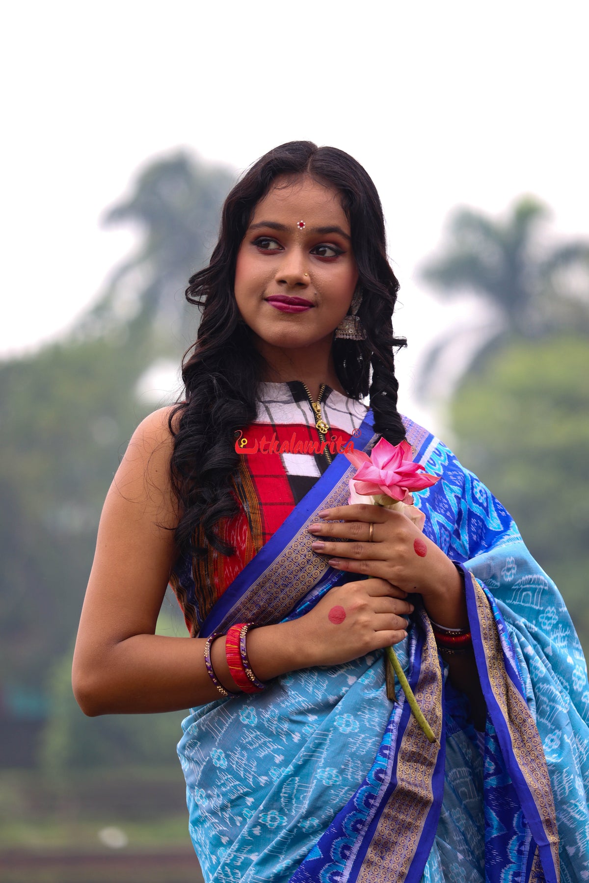 Sky Blue Deep Blue Half Tissue Sambalpuri Silk Saree