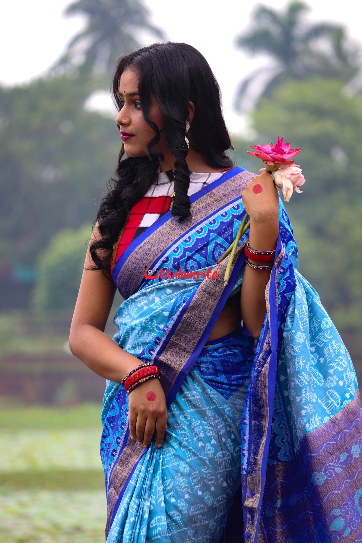 Sky Blue Deep Blue Half Tissue Sambalpuri Silk Saree
