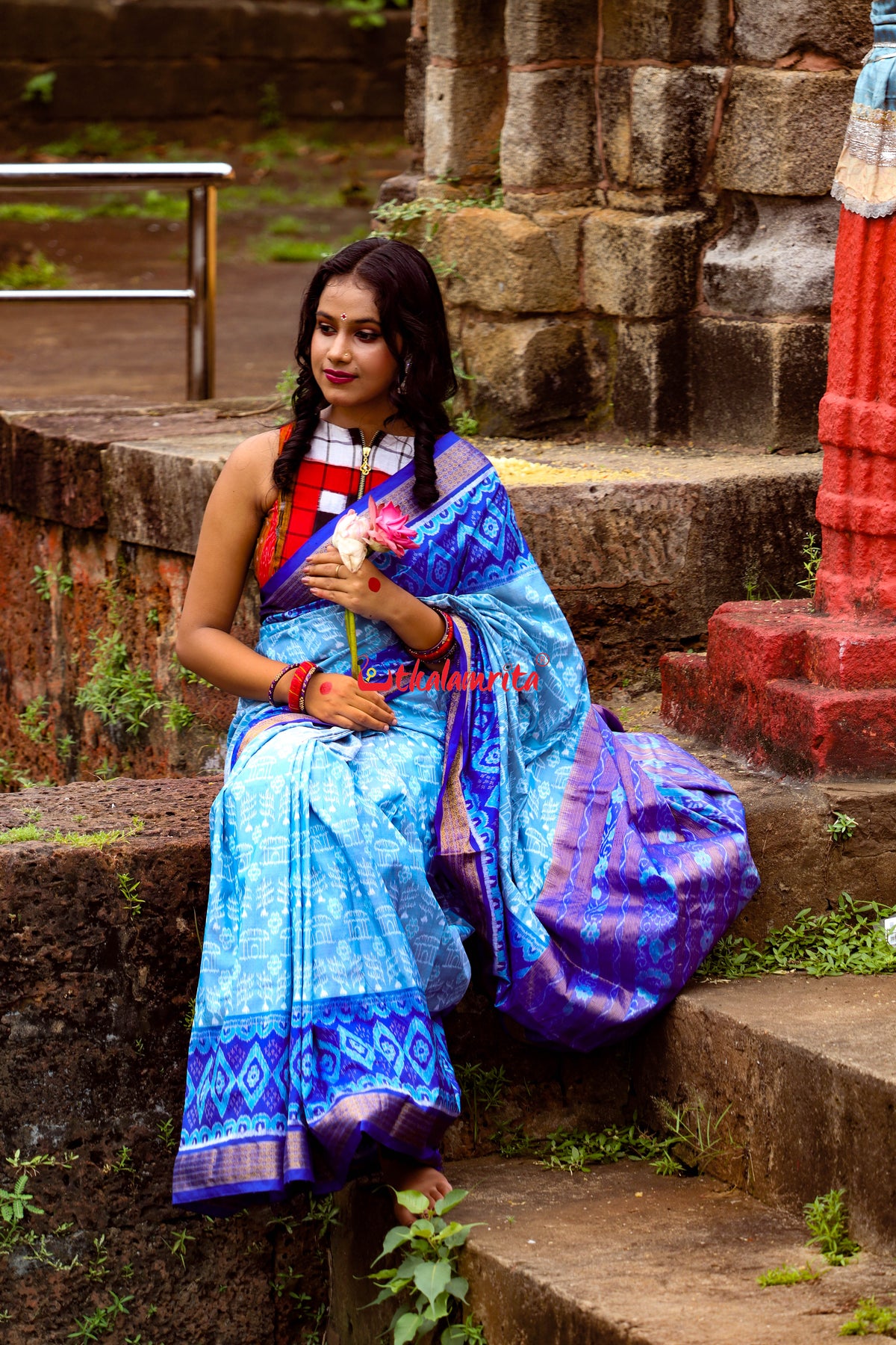 Sky Blue Deep Blue Half Tissue Sambalpuri Silk Saree