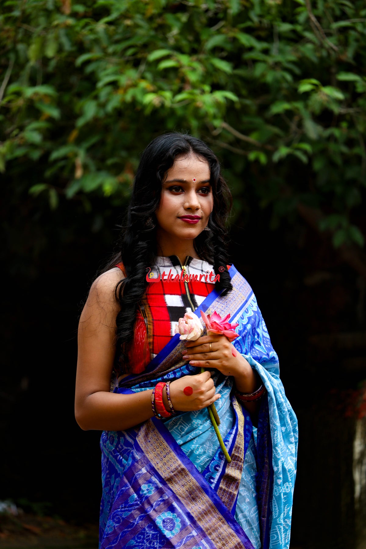 Sky Blue Deep Blue Half Tissue Sambalpuri Silk Saree