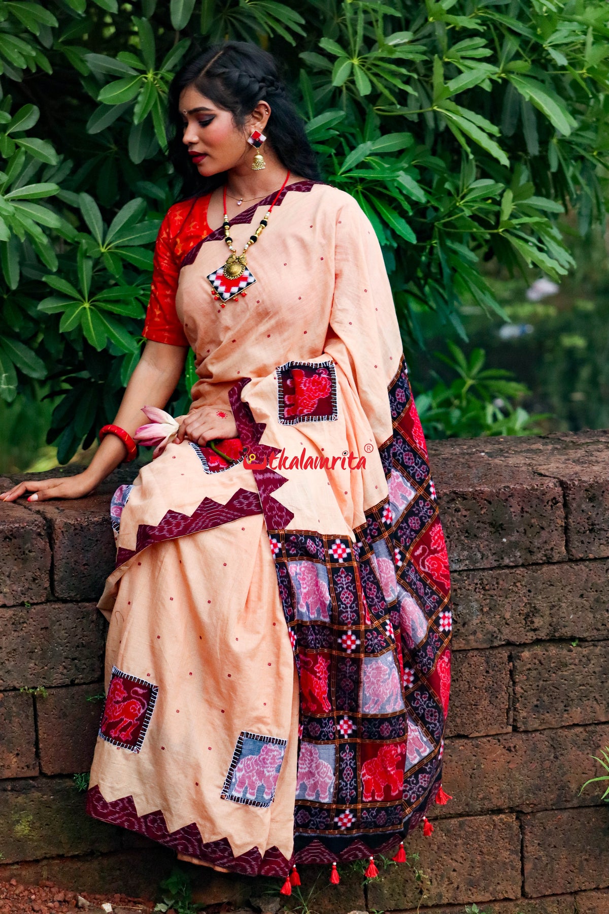 Cream with Maroon Buti Elephant Designer Cotton Saree